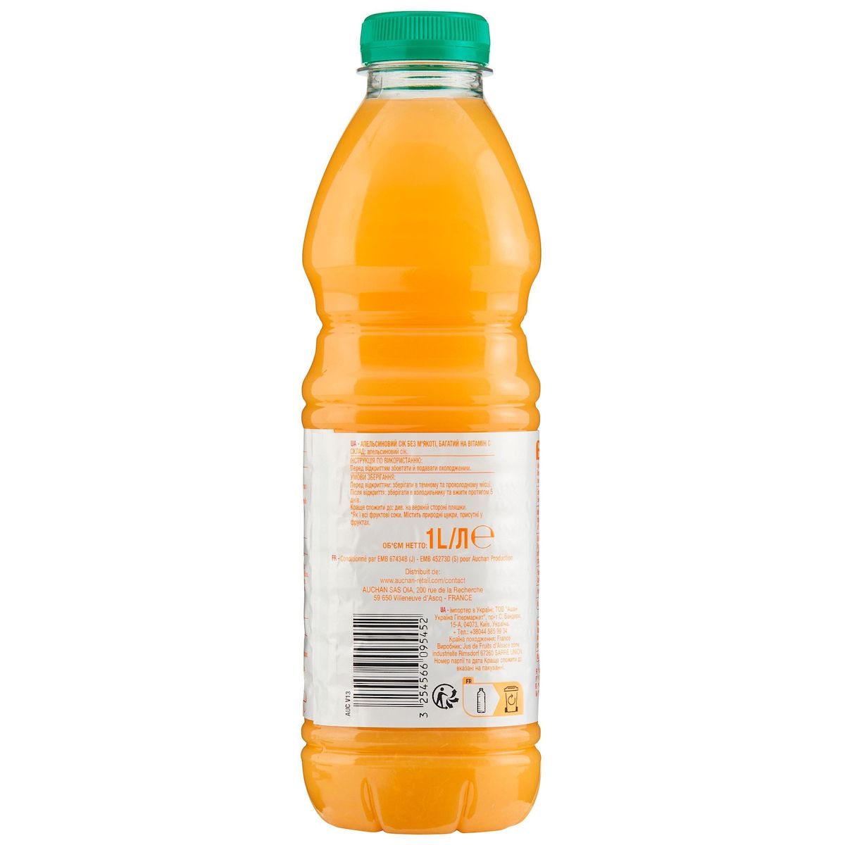 AUCHAN Pur jus d'orange avec pulpe 1l