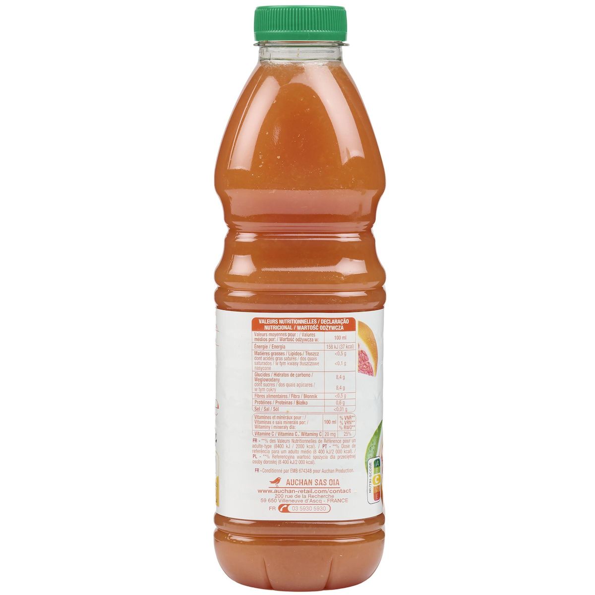 AUCHAN Pur jus de pamplemousse rose 1l