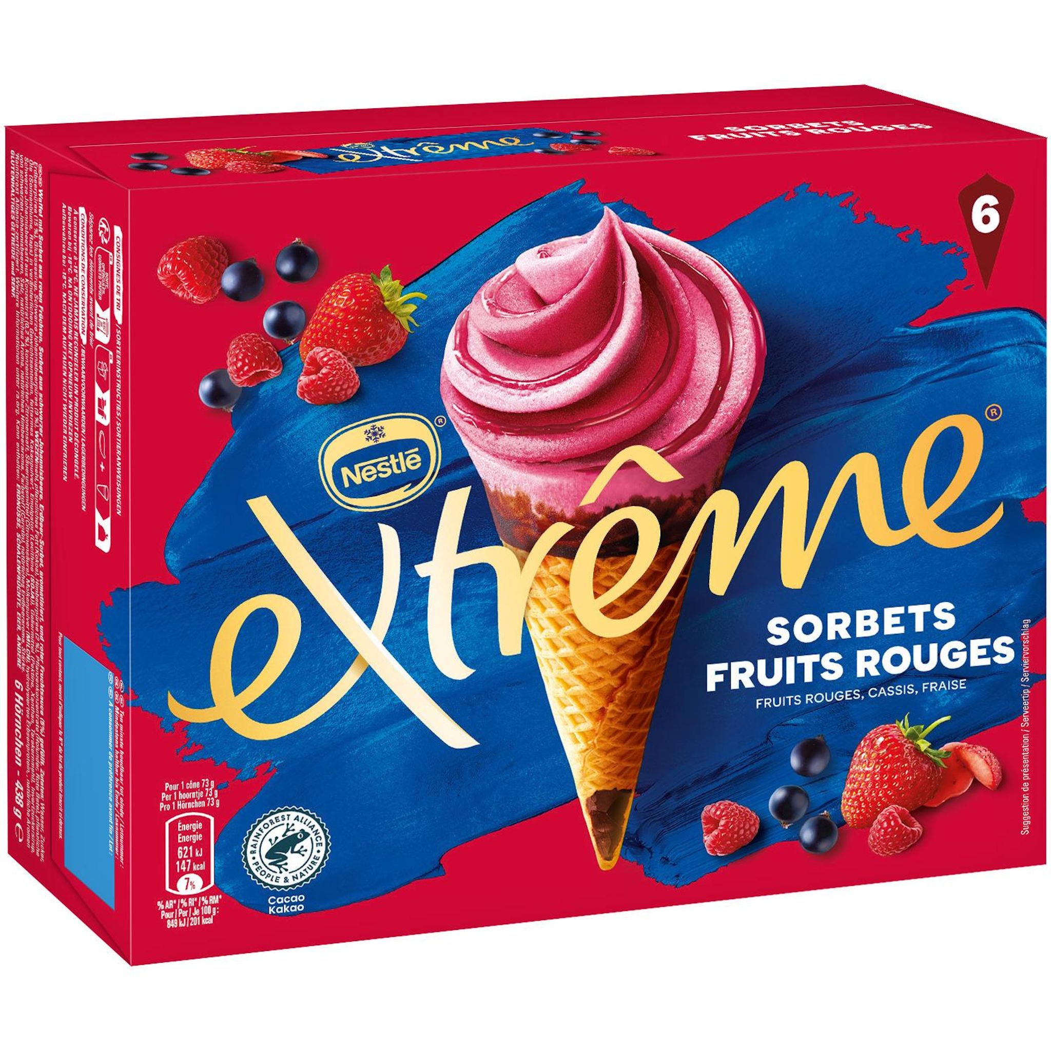 Voir la diapositive 2 : EXTREME Cônes glacés sorbet fruits rouges fraise cassis et framboise 6 pièces 438g