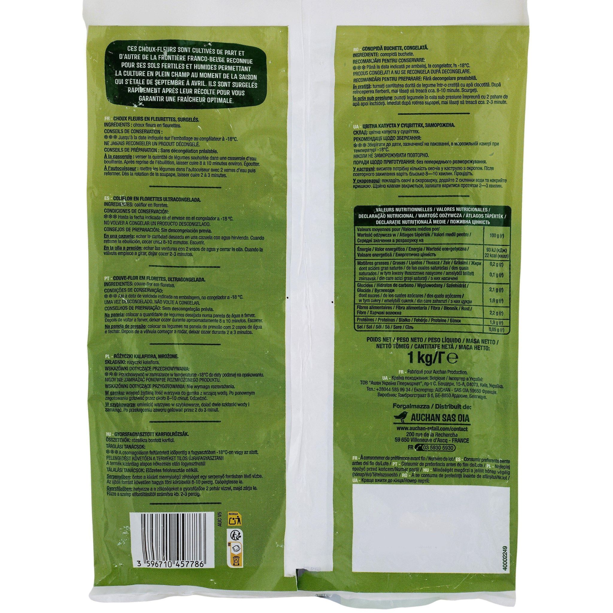 Voir la diapositive 4 : AUCHAN Choux-fleurs en fleurettes 5 portions 1kg