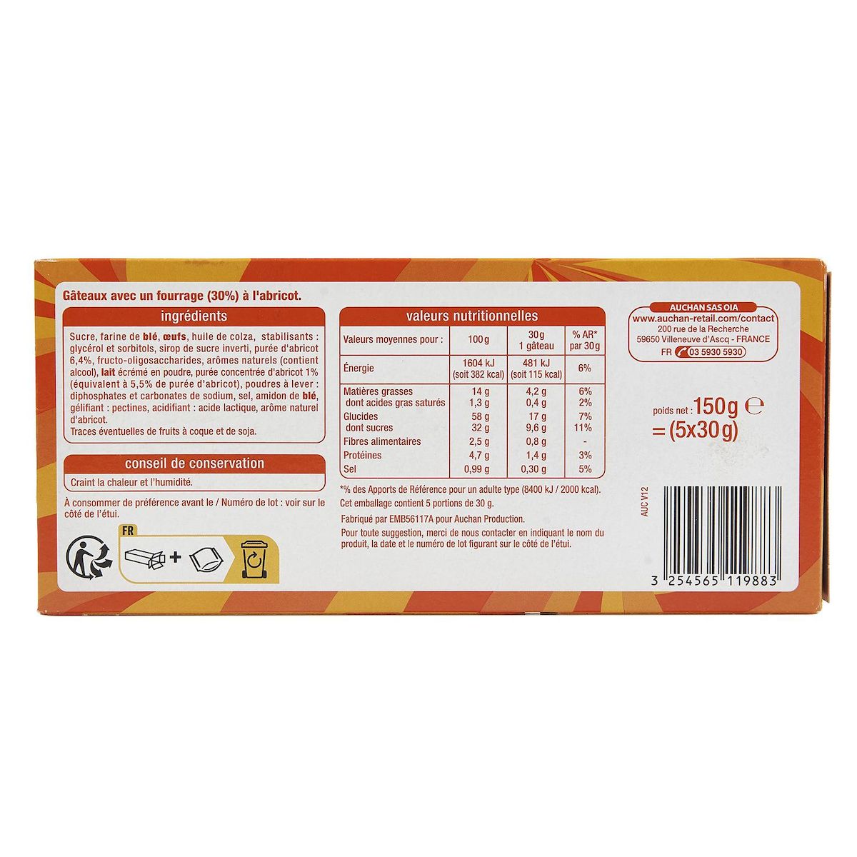 AUCHAN Mini cakes fourrés abricot sans huile de palme sachets individuels 5 gâteaux 150g