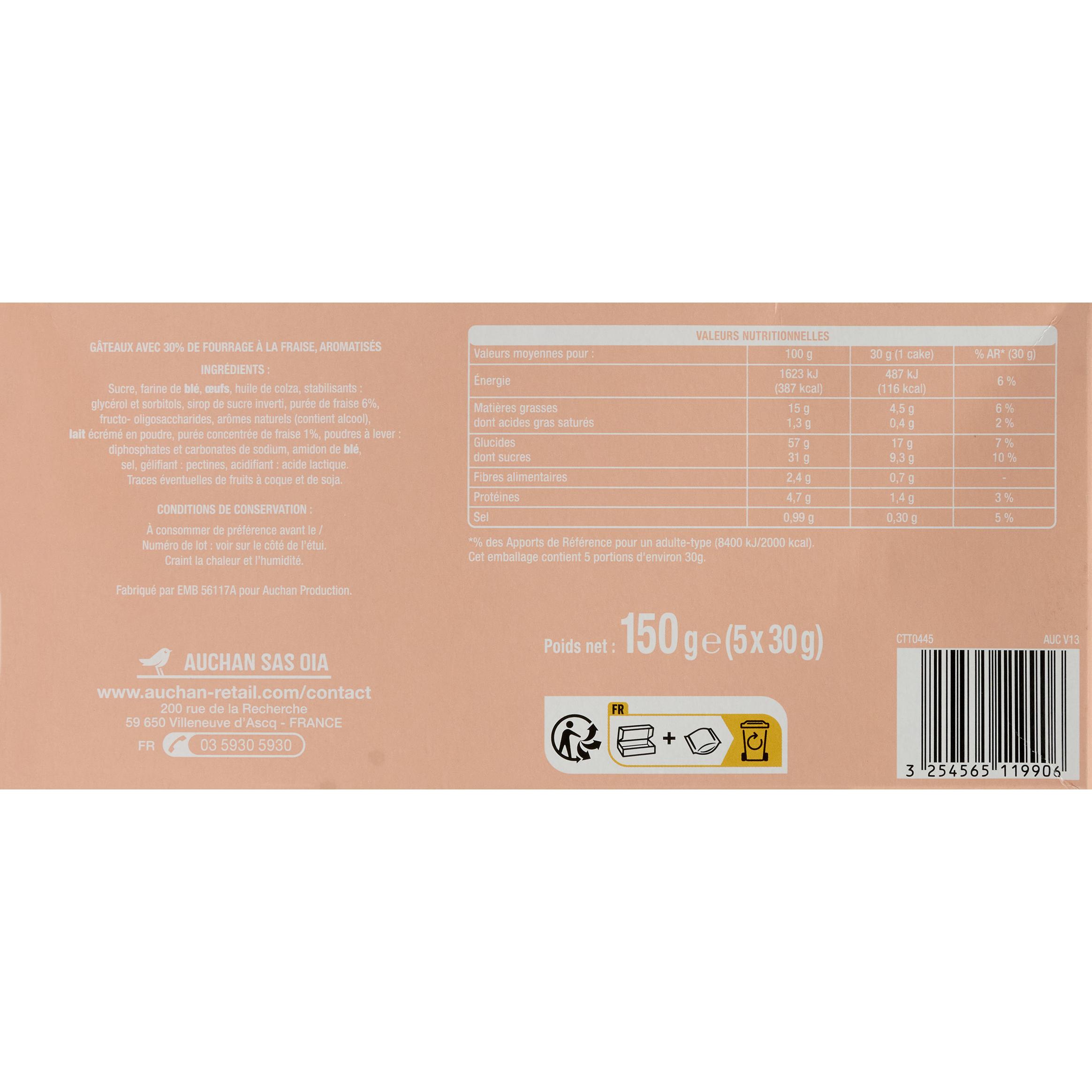 Voir la diapositive 2 : AUCHAN Mini cakes fourrés fraise sachets individuels 5 gâteaux 150g