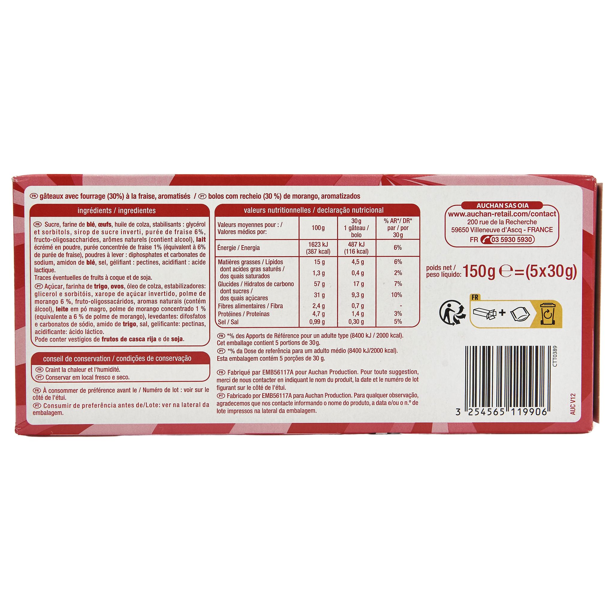 Voir la diapositive 3 : AUCHAN Mini cakes fourrés fraise sachets individuels 5 gâteaux 150g