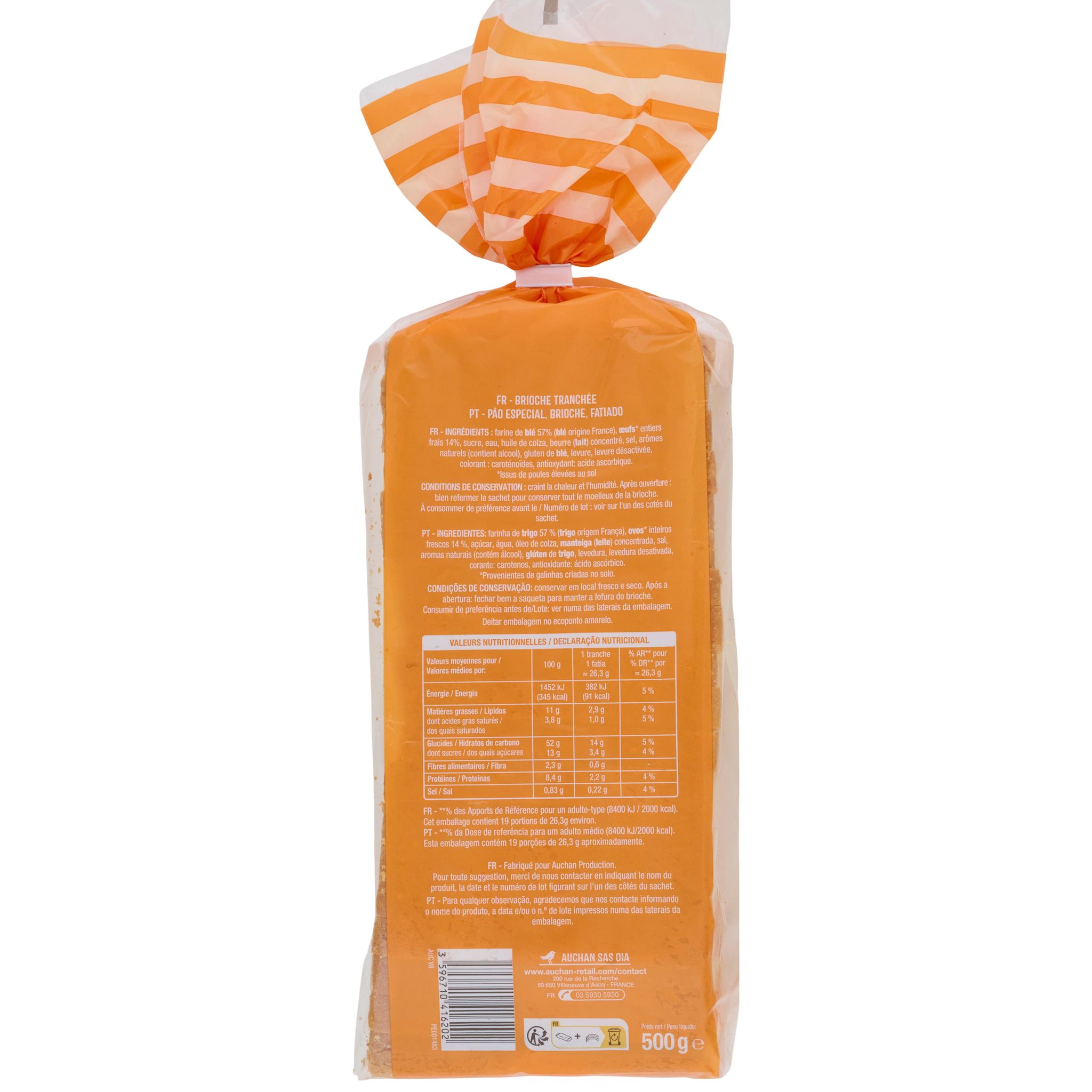 Voir la diapositive 2 : AUCHAN Brioche tranchée aux œufs frais 18 tranches 500g