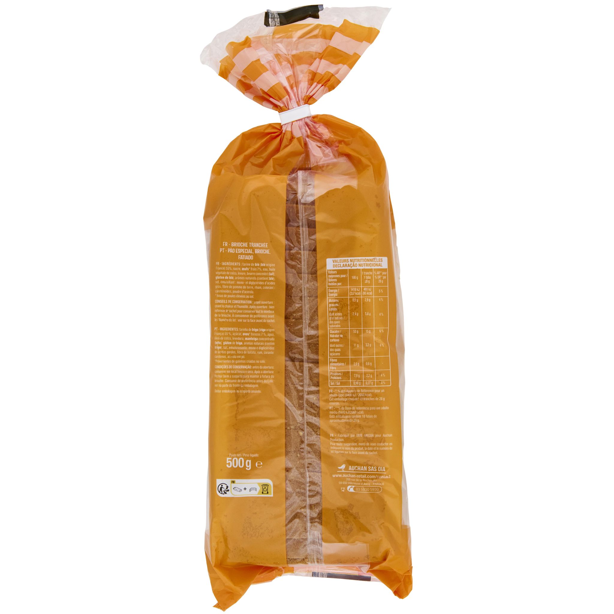 Voir la diapositive 3 : AUCHAN Brioche tranchée aux œufs frais 18 tranches 500g