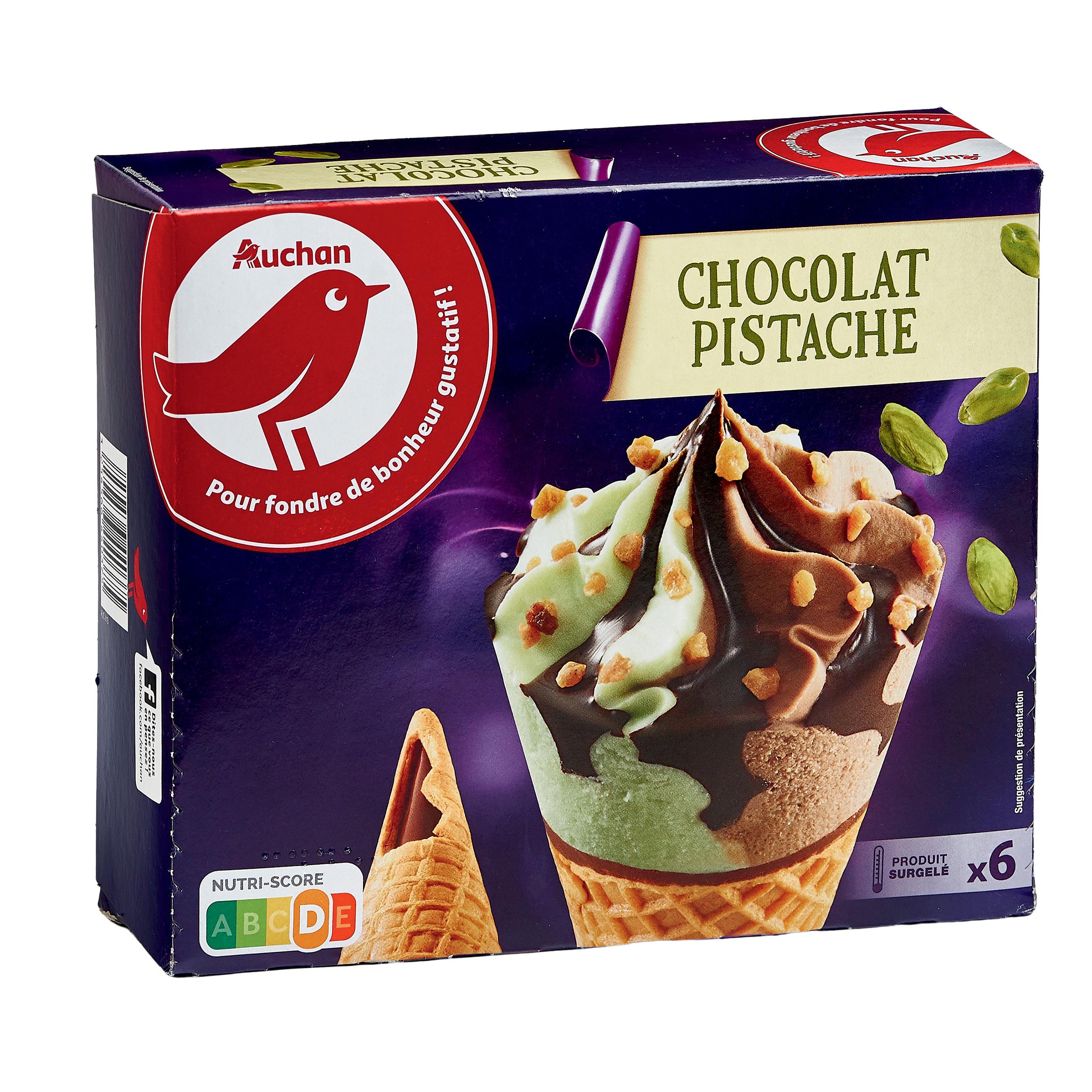 Voir la diapositive 2 : AUCHAN Cône glacé chocolat pistache 6 pièces 396g