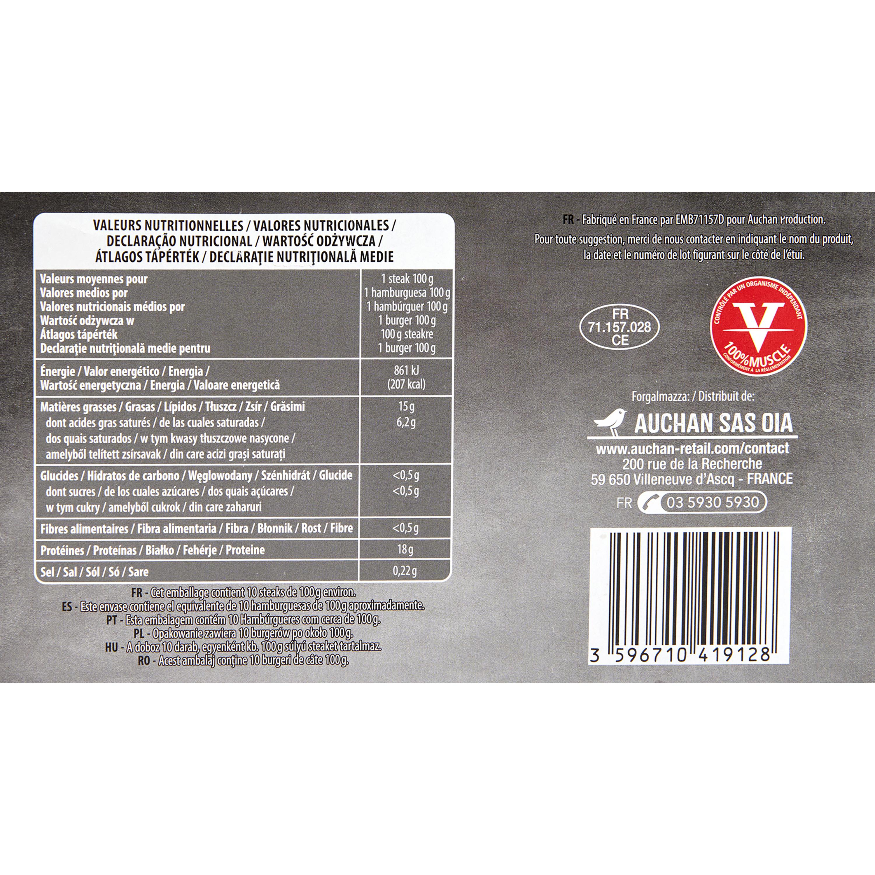 Voir la diapositive 2 : AUCHAN Steaks hachés pur bœuf 15% mg 10 pièces 1kg
