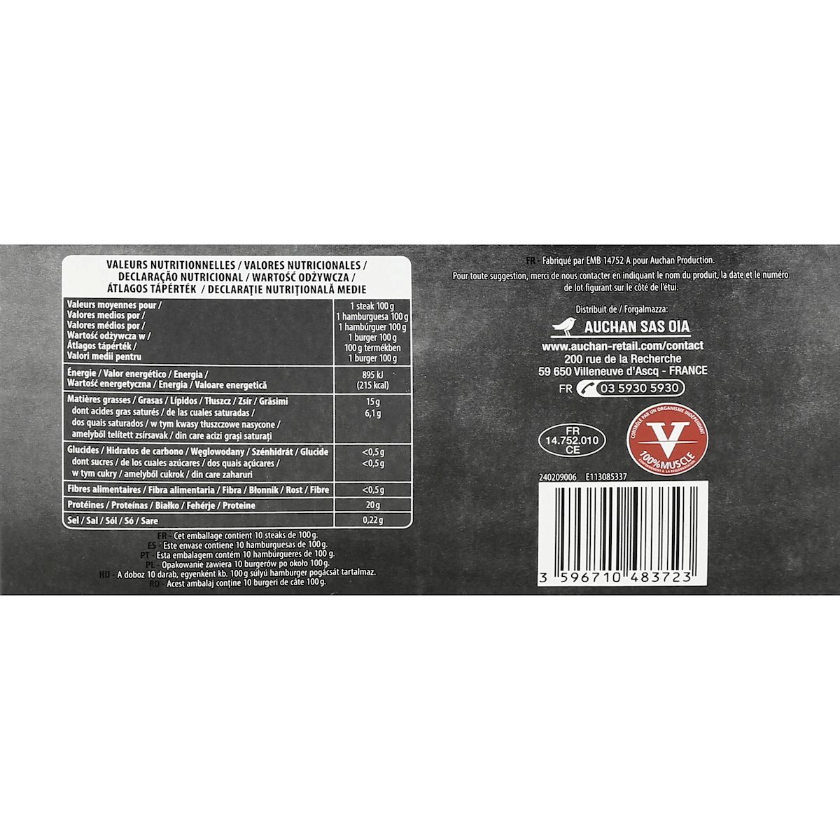 AUCHAN Steaks hachés pur bœuf 15% mg 10 pièces 1kg