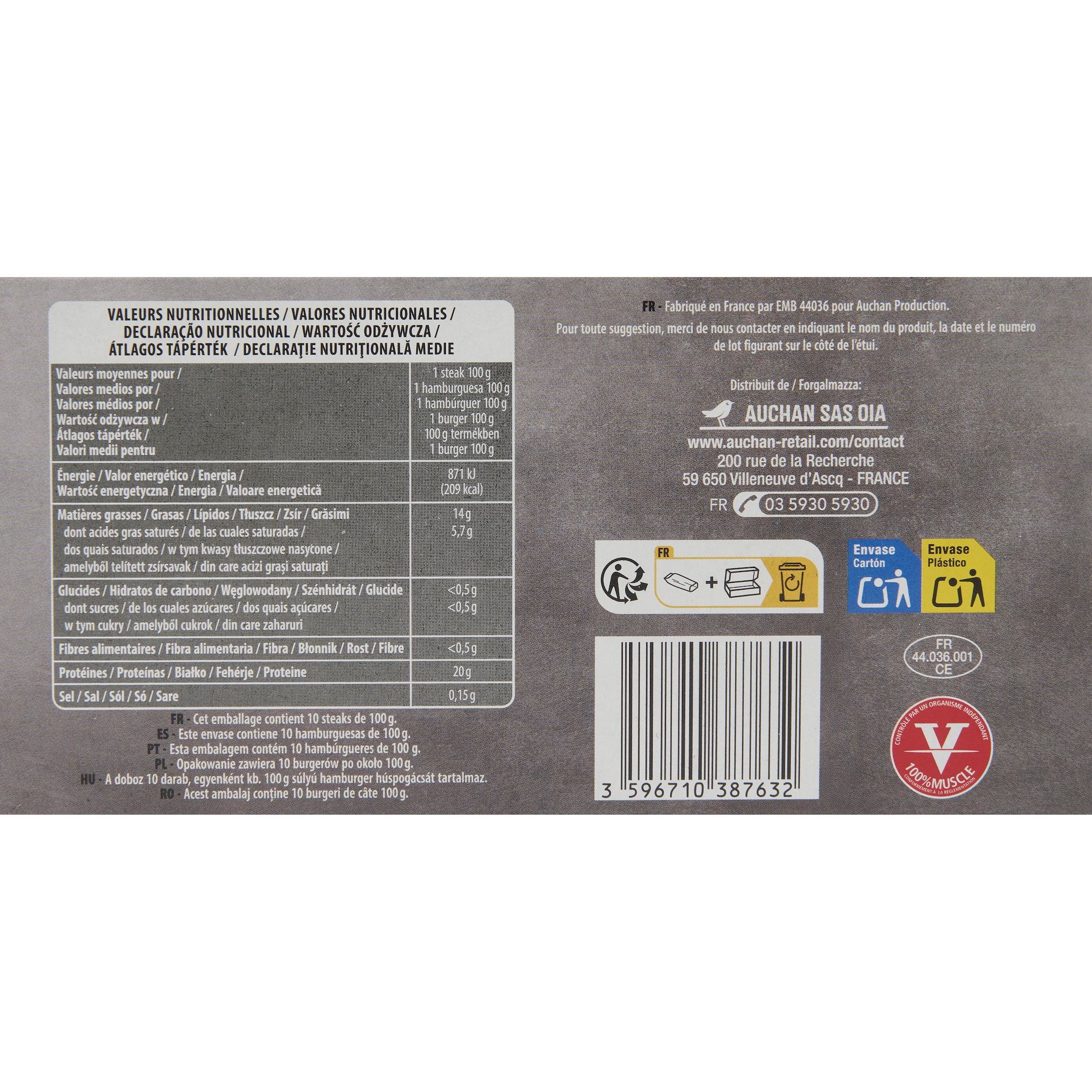 Voir la diapositive 2 : AUCHAN Steaks hachés pur bœuf 15% mg 10 pièces 1kg