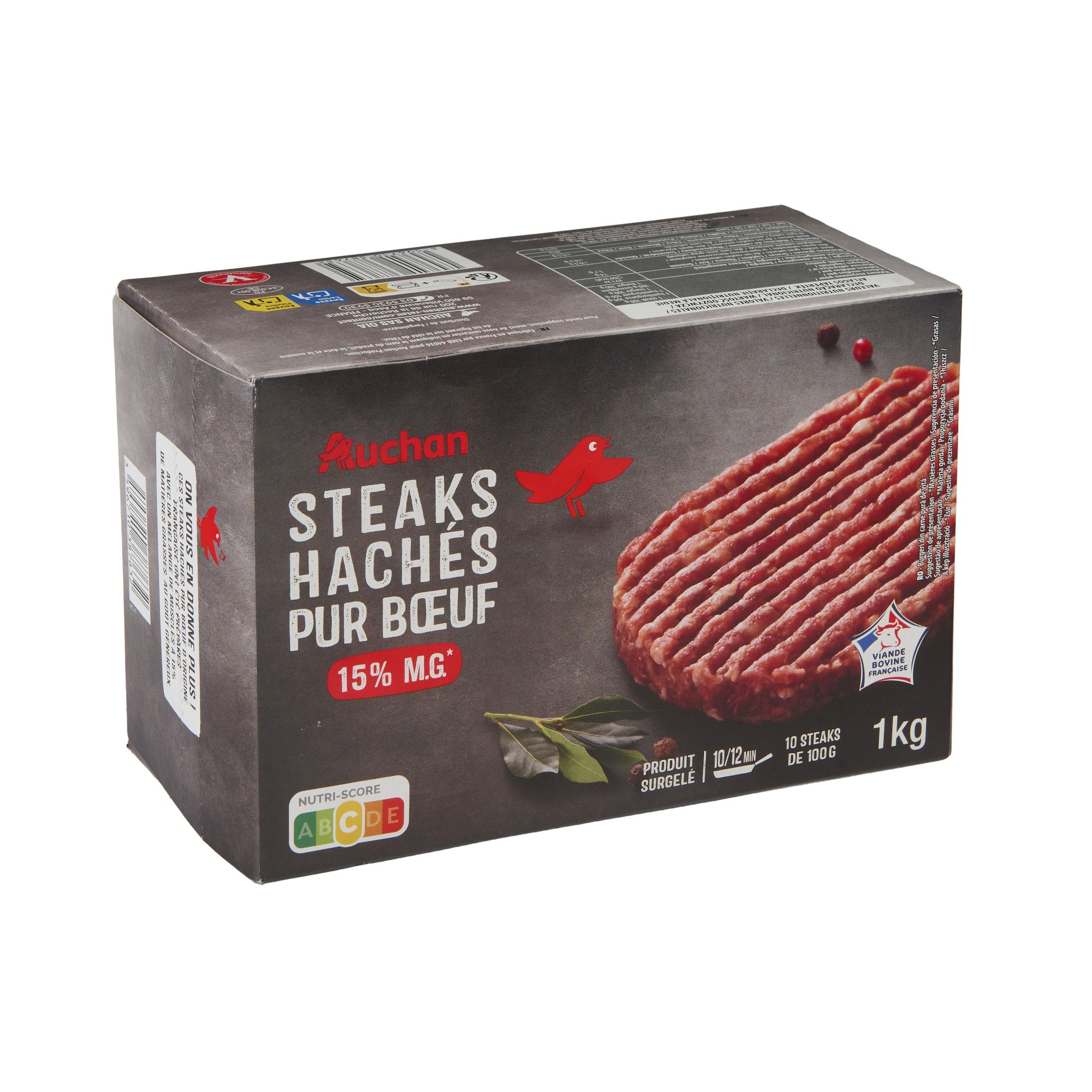 Voir la diapositive 3 : AUCHAN Steaks hachés pur bœuf 15% mg 10 pièces 1kg