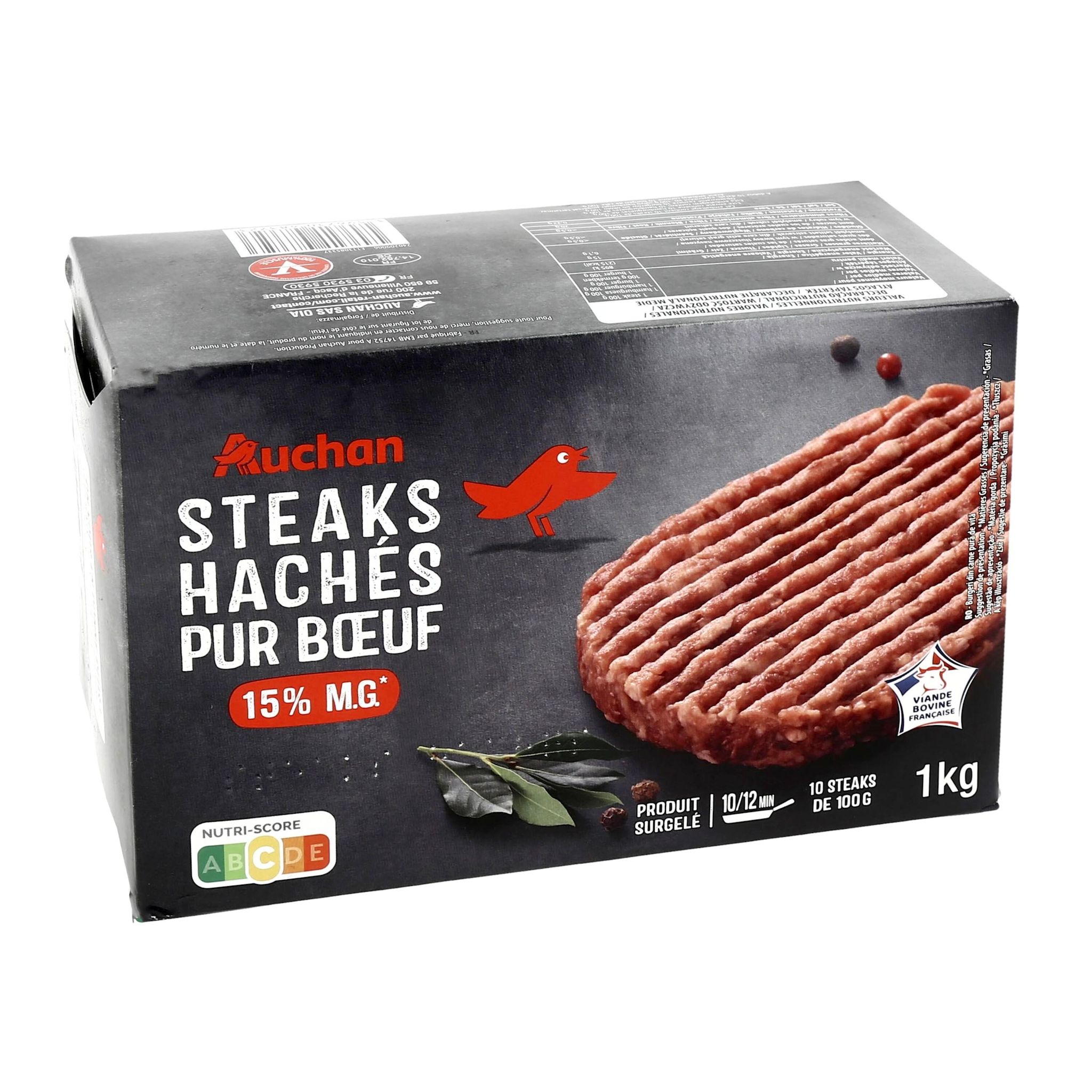 Voir la diapositive 5 : AUCHAN Steaks hachés pur bœuf 15% mg 10 pièces 1kg