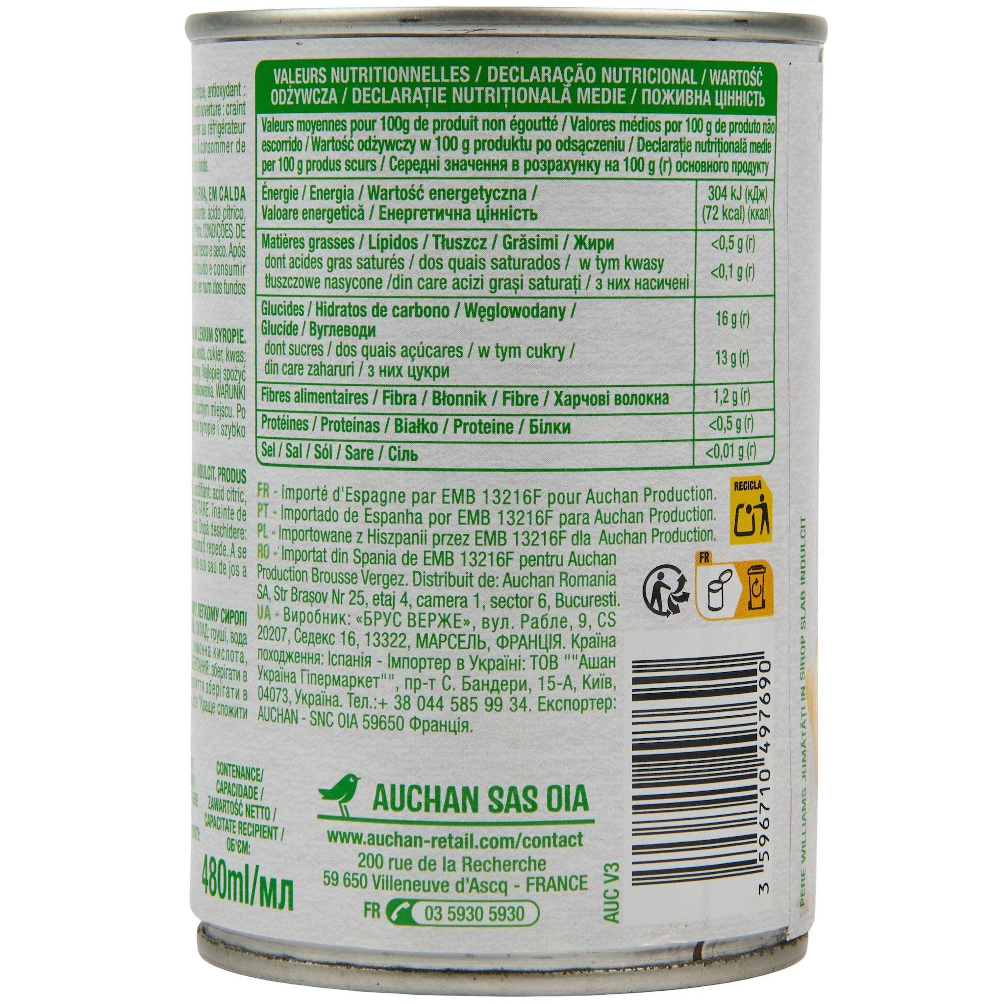 Voir la diapositive 3 : AUCHAN Poires williams au sirop léger 410g