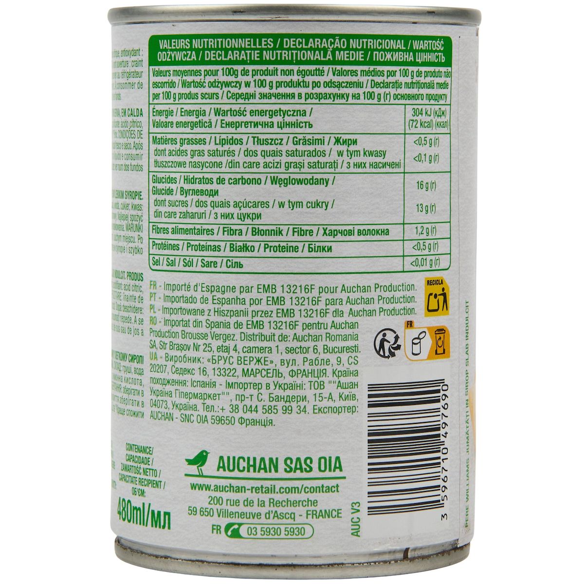 AUCHAN Poires williams au sirop léger 410g