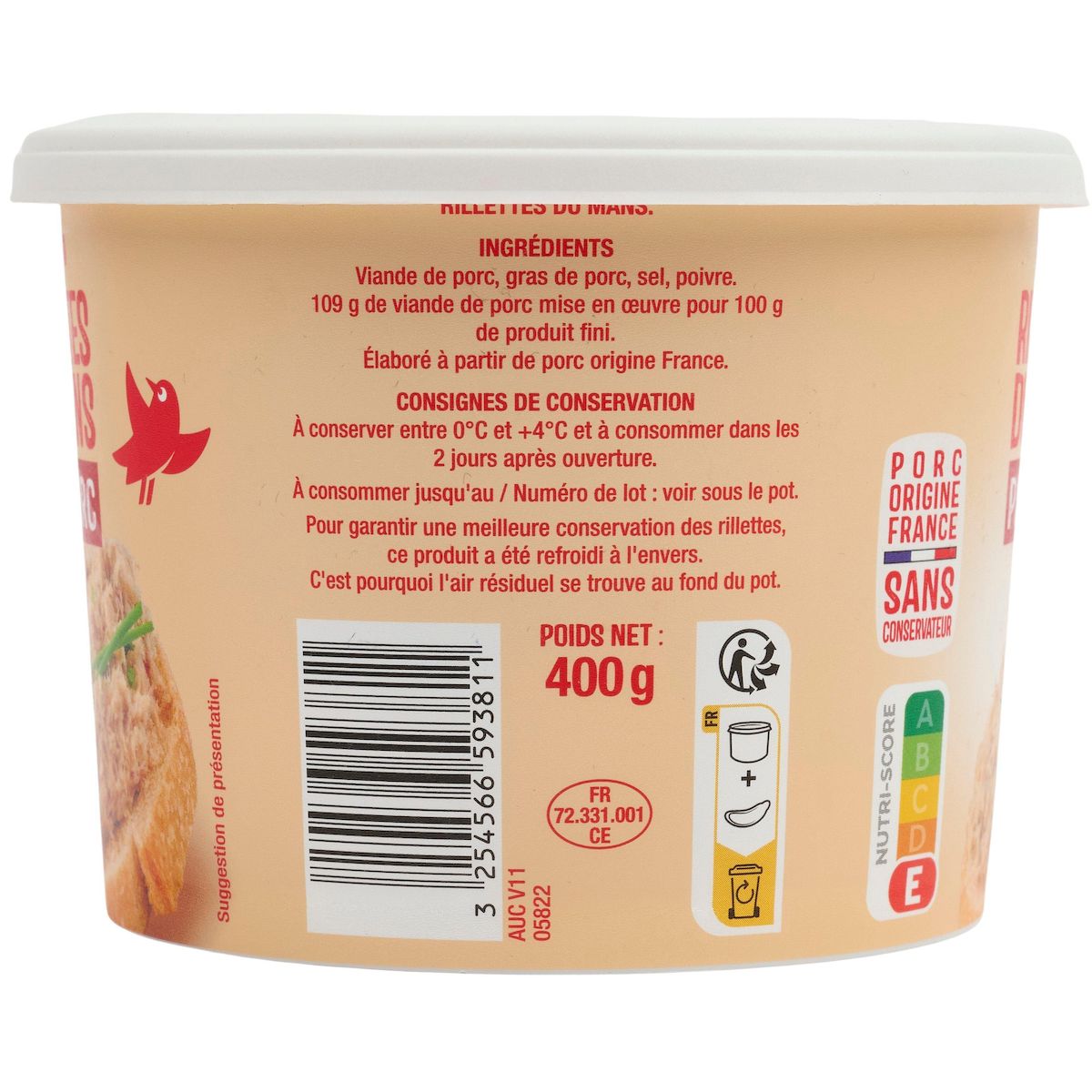 AUCHAN Rillettes du Mans pur Porc 400g