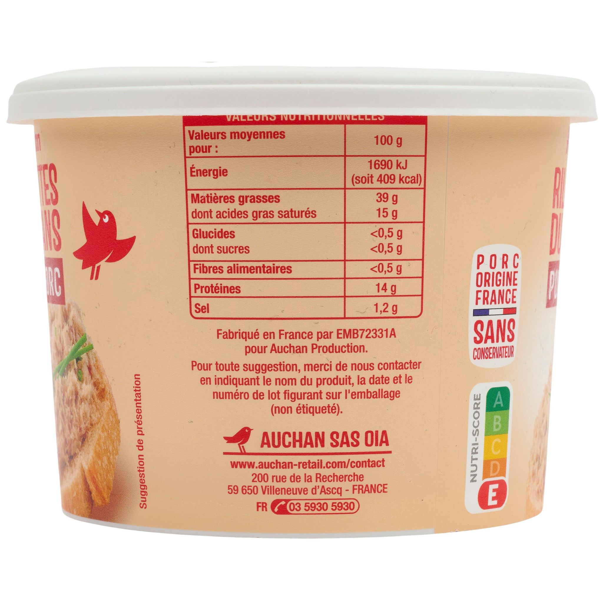 Voir la diapositive 4 : AUCHAN Rillettes du Mans pur Porc 400g