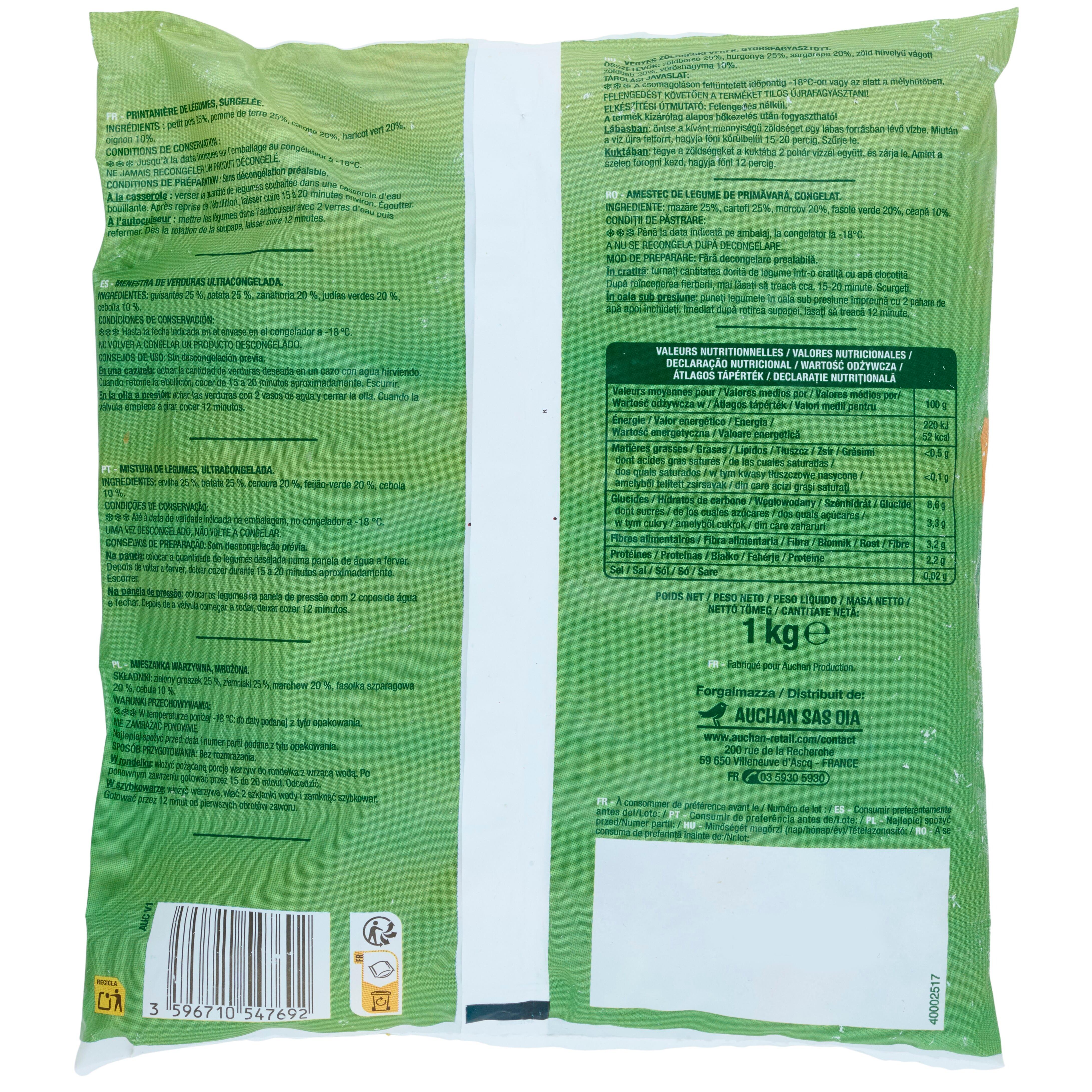 Voir la diapositive 3 : AUCHAN Printanière de légumes 5 portions 1kg