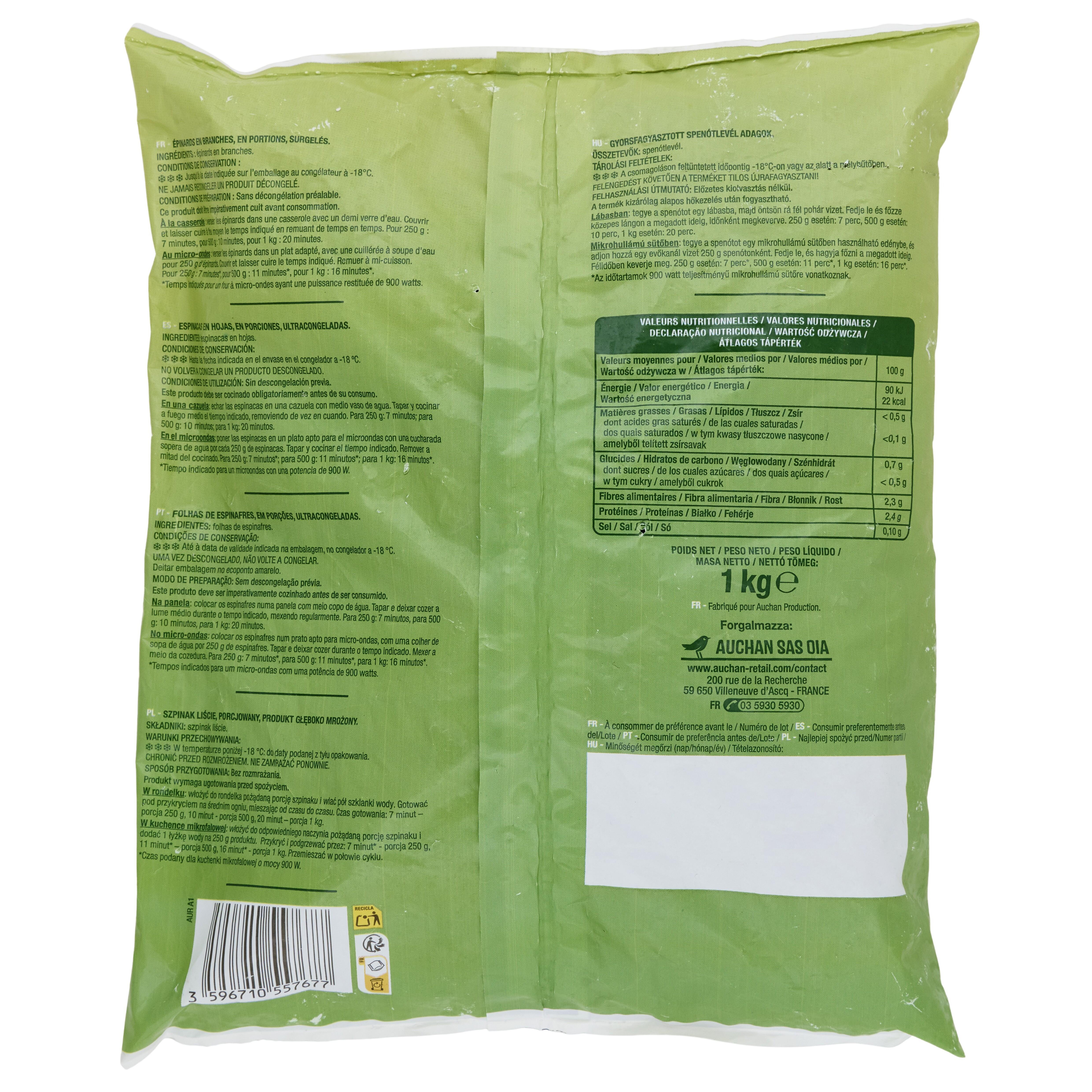 Voir la diapositive 2 : AUCHAN Epinards en branches 5 portions 1kg