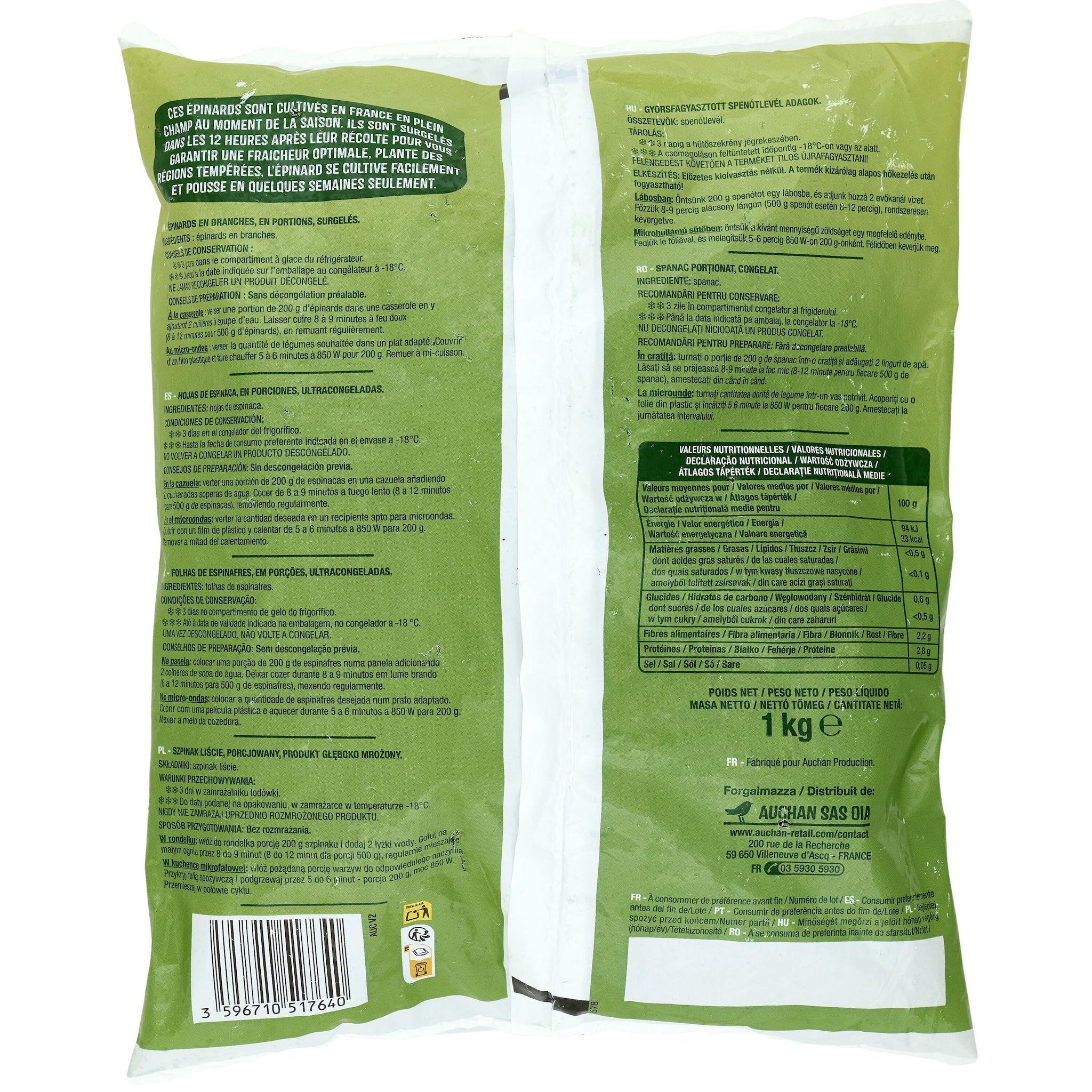 Voir la diapositive 2 : AUCHAN Epinards en branches 5 portions 1kg