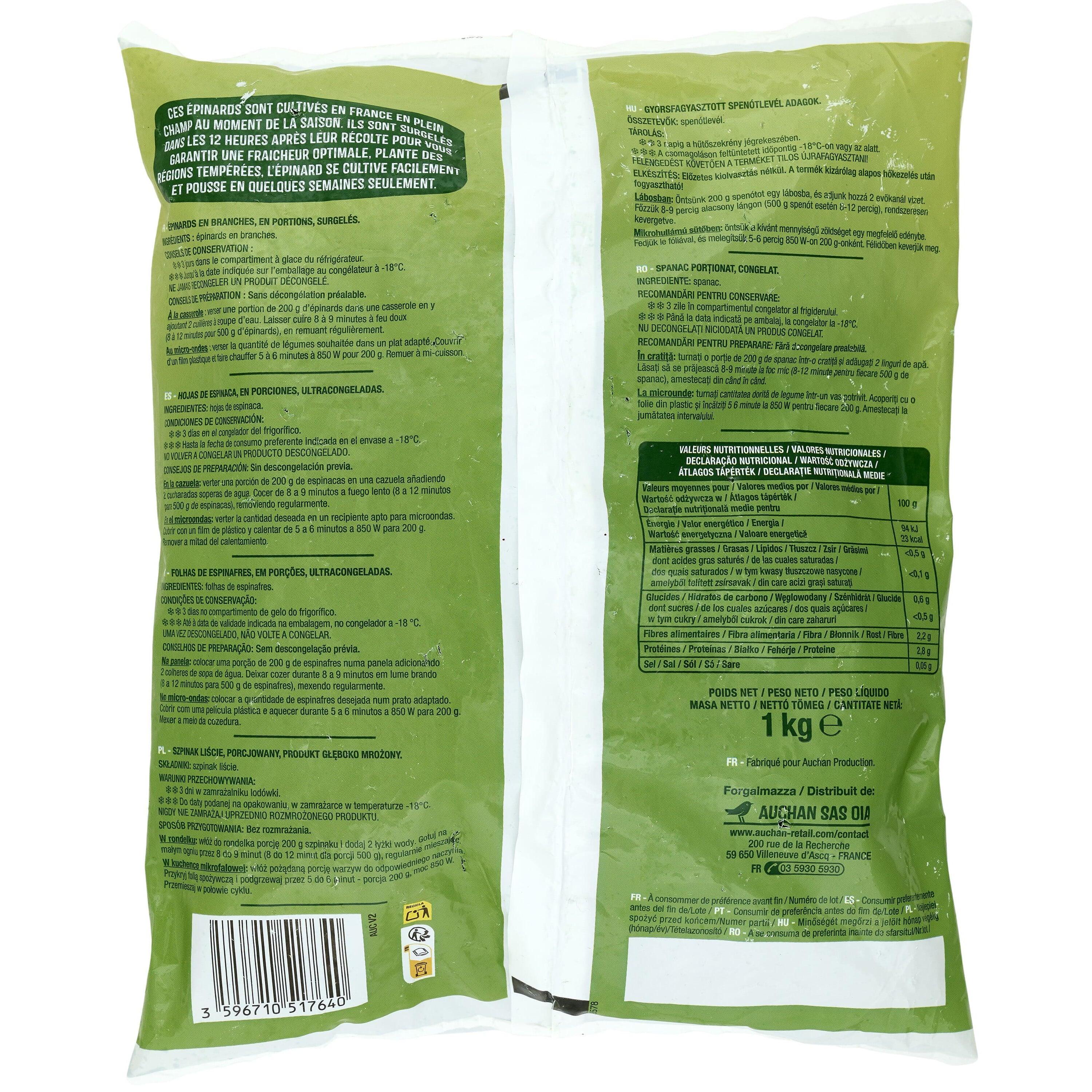 Voir la diapositive 3 : AUCHAN Epinards en branches 5 portions 1kg