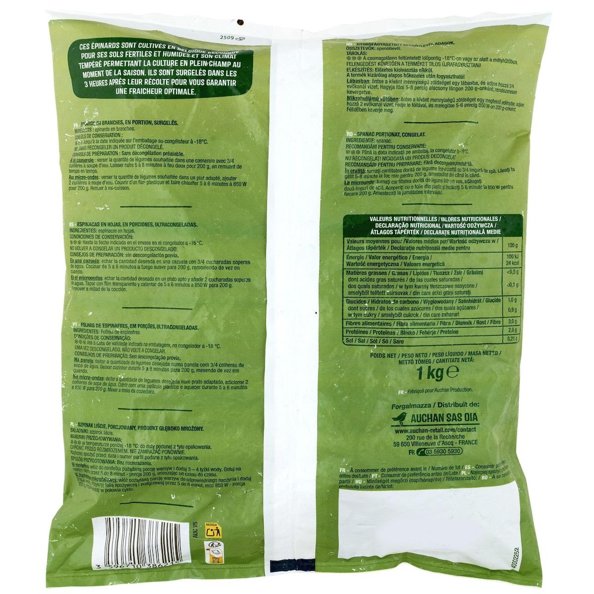 AUCHAN Epinards en branches 5 portions 1kg