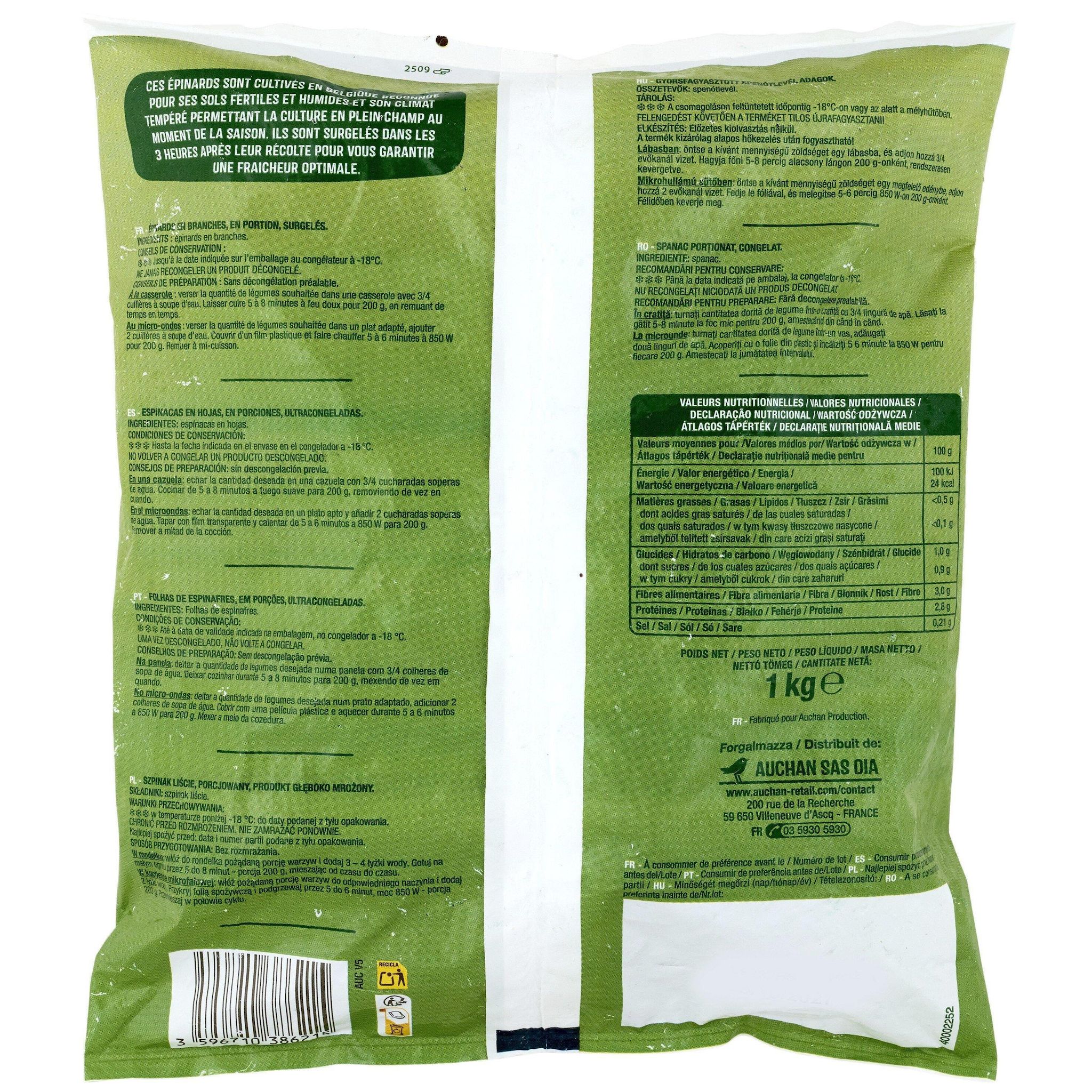 Voir la diapositive 4 : AUCHAN Epinards en branches 5 portions 1kg