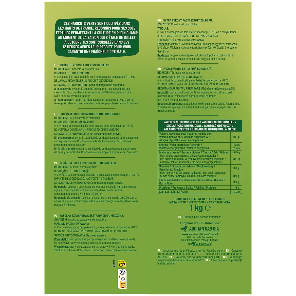 AUCHAN Haricots verts extra-fins 5 portions 1kg