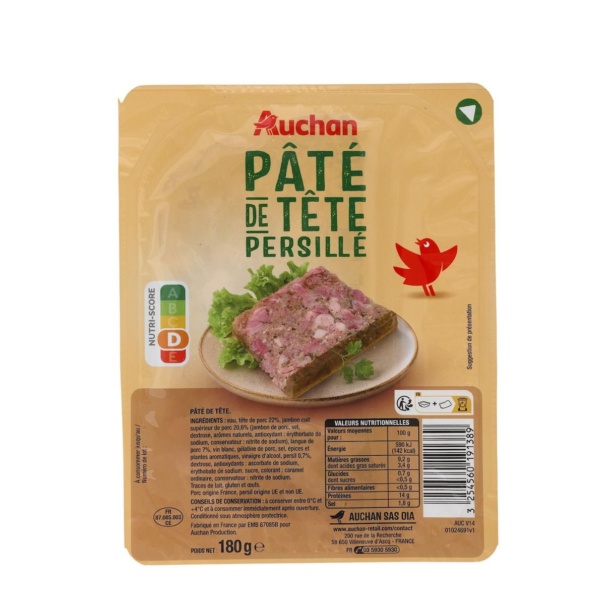 AUCHAN Pâté de tête persillé 180g