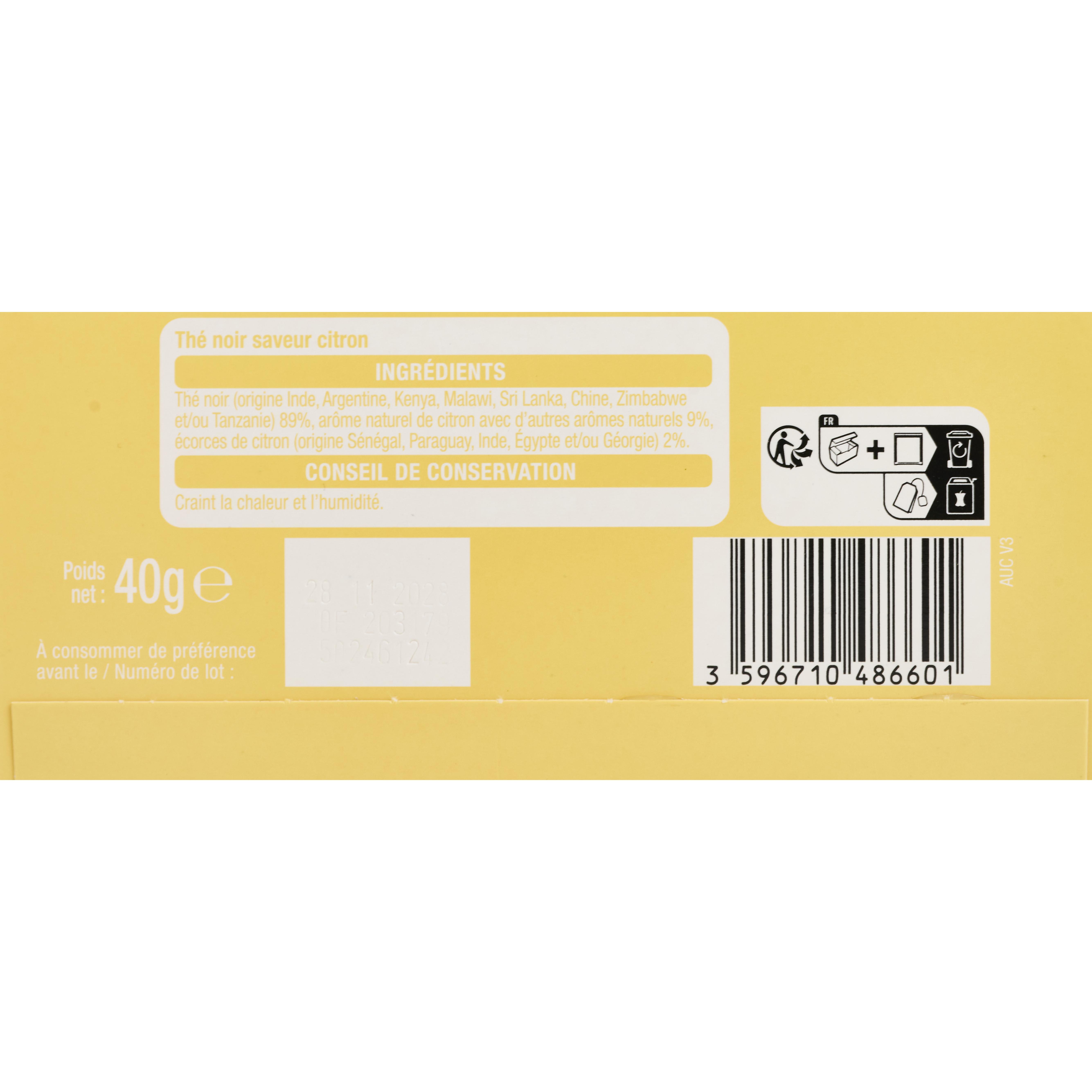 Voir la diapositive 2 : AUCHAN Thé noir saveur citron 25 sachets 40g