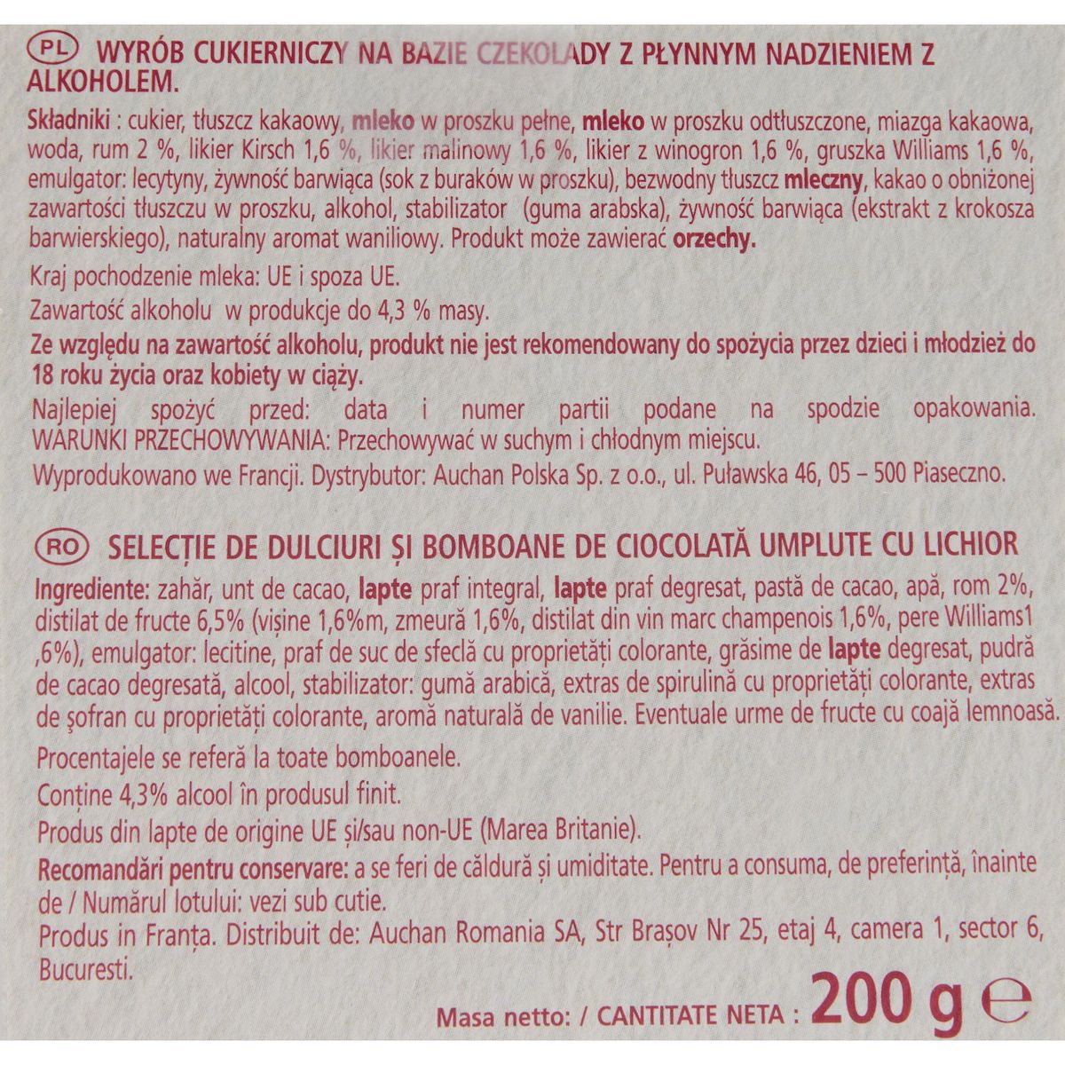 VENDOME Chardons chocolats grand marnier-chartreuse-poire williams-framboise-kirsch 200g