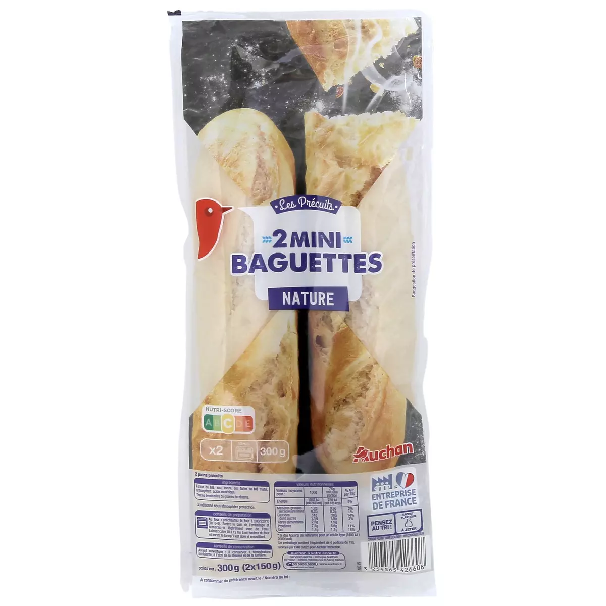AUCHAN Mini baguettes précuites 2 mini-baguettes 2x150g