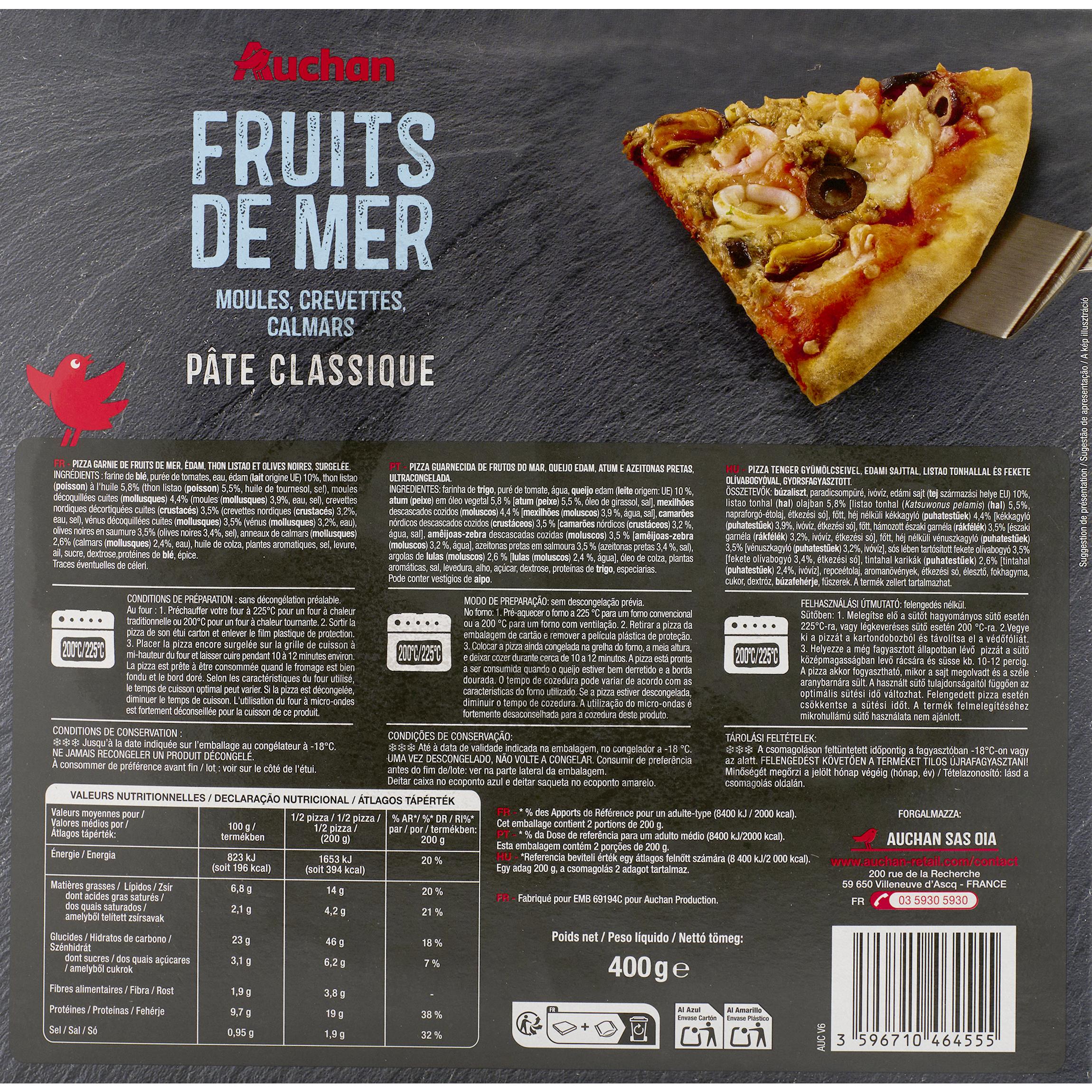 Voir la diapositive 3 : AUCHAN Pizza cuite sur pierre aux fruits de mer 400g