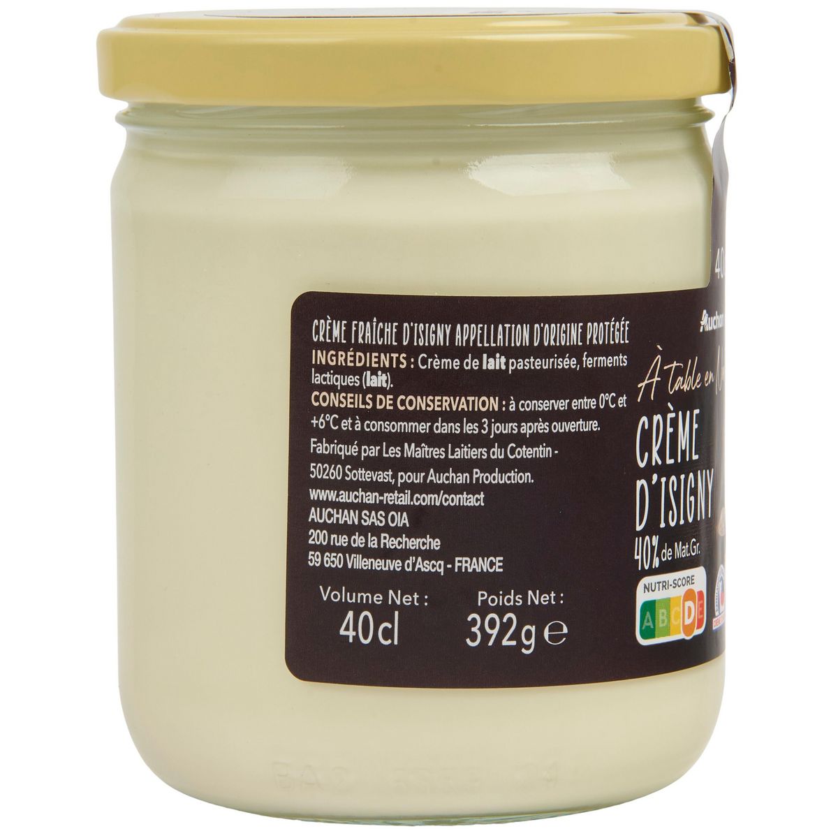 AUCHAN TERROIR Crème fraîche d'Isigny épaisse entière AOP 40%MG 40cl