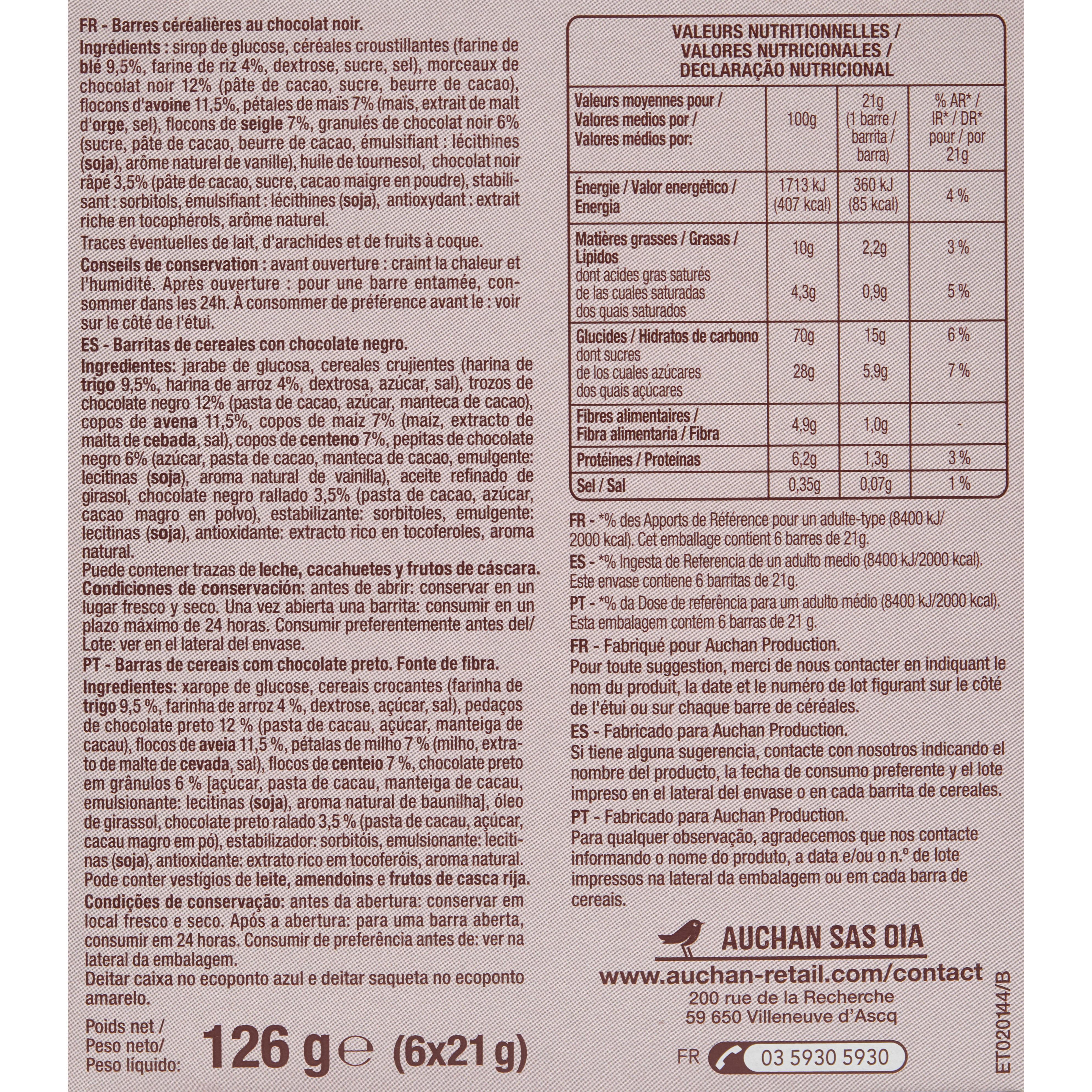 Voir la diapositive 2 : AUCHAN Crousti barres de céréales au chocolat noir 6 barres 126g