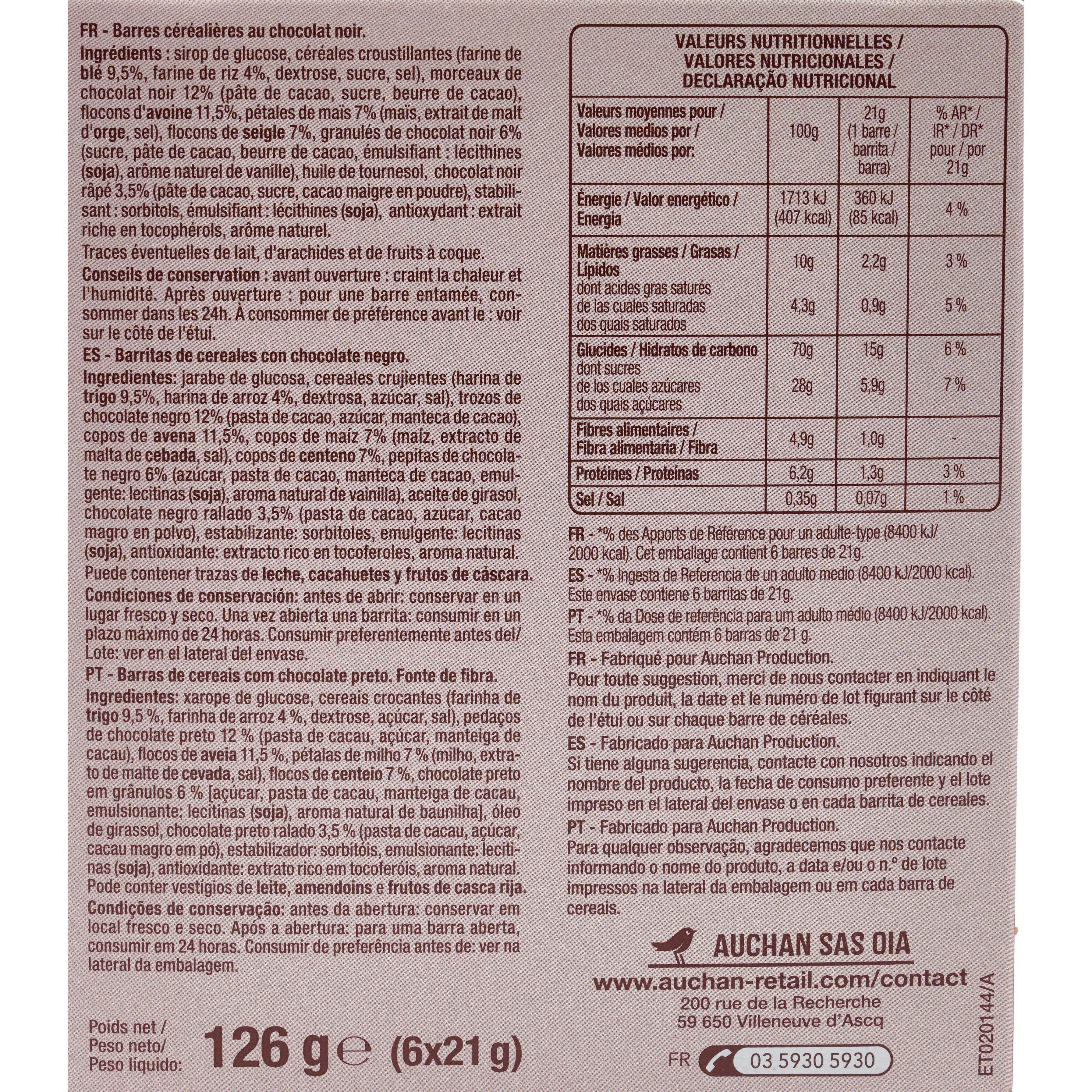 Voir la diapositive 3 : AUCHAN Crousti barres de céréales au chocolat noir 6 barres 126g