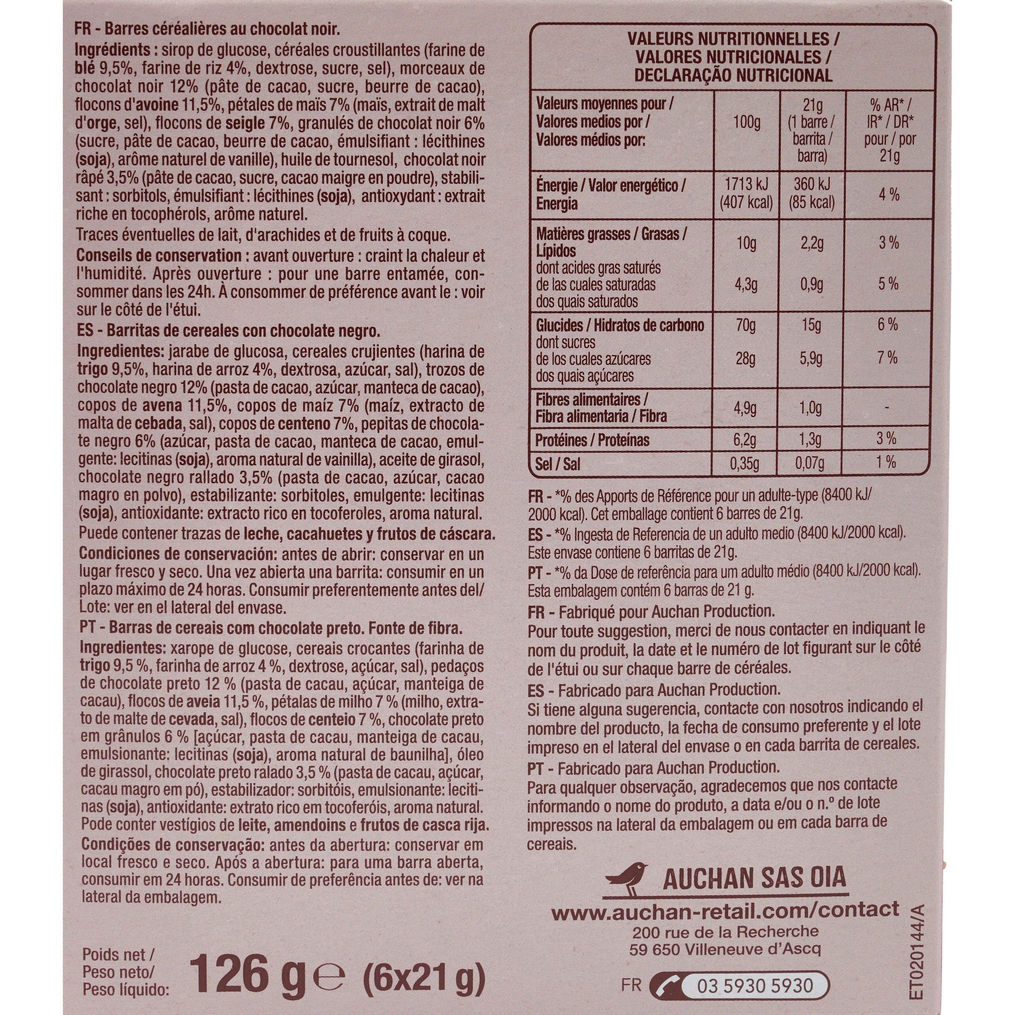 Voir la diapositive 4 : AUCHAN Crousti barres de céréales au chocolat noir 6 barres 126g
