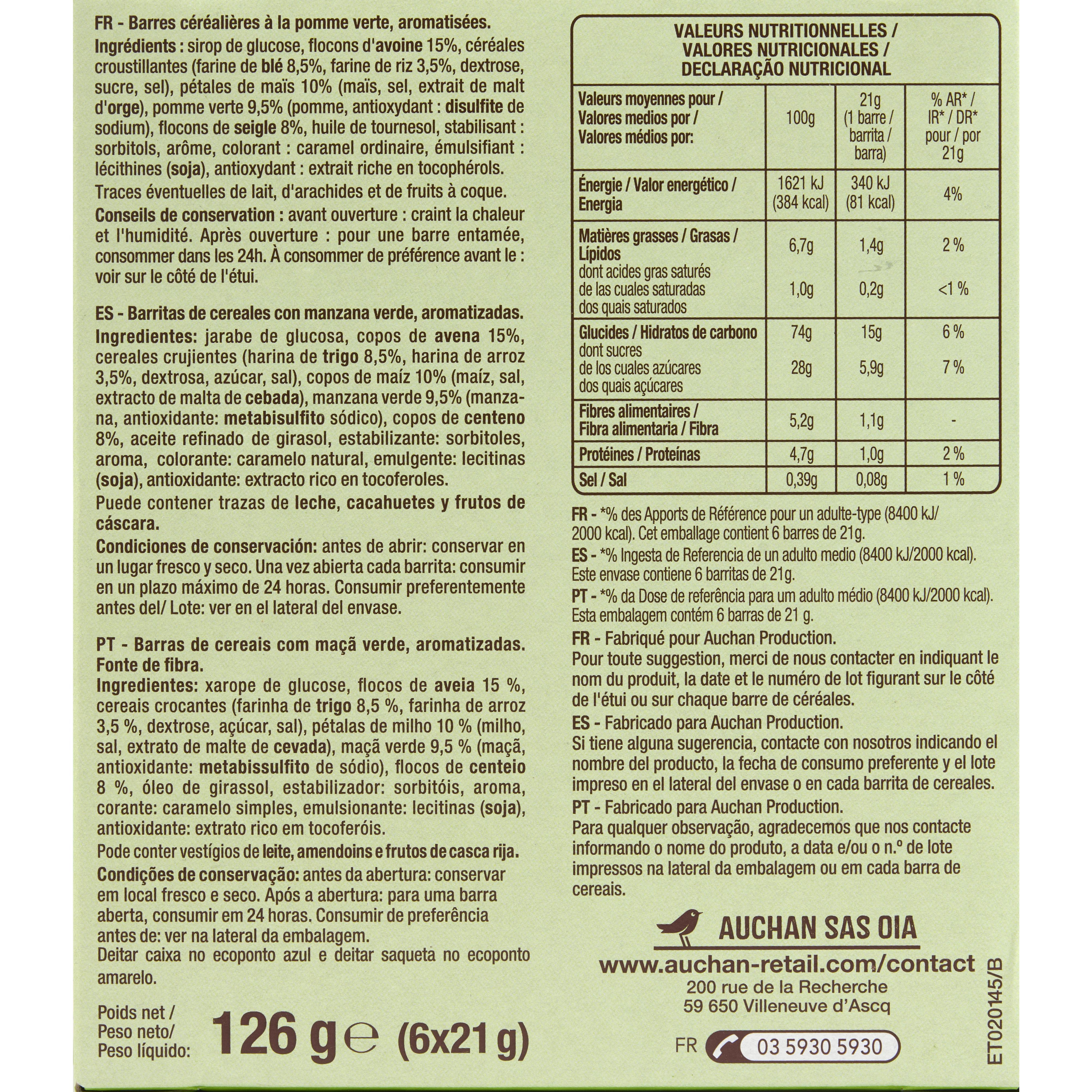 Voir la diapositive 4 : AUCHAN Crousty barres de céréales à la pomme verte 6 barres 126g