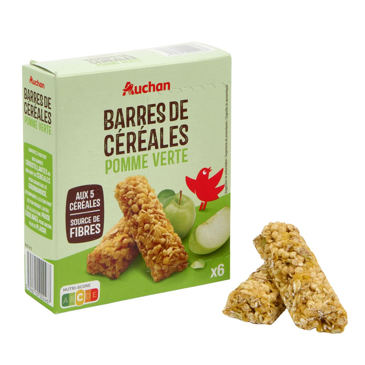 AUCHAN Crousty barres de céréales à la pomme verte 6 barres 126g