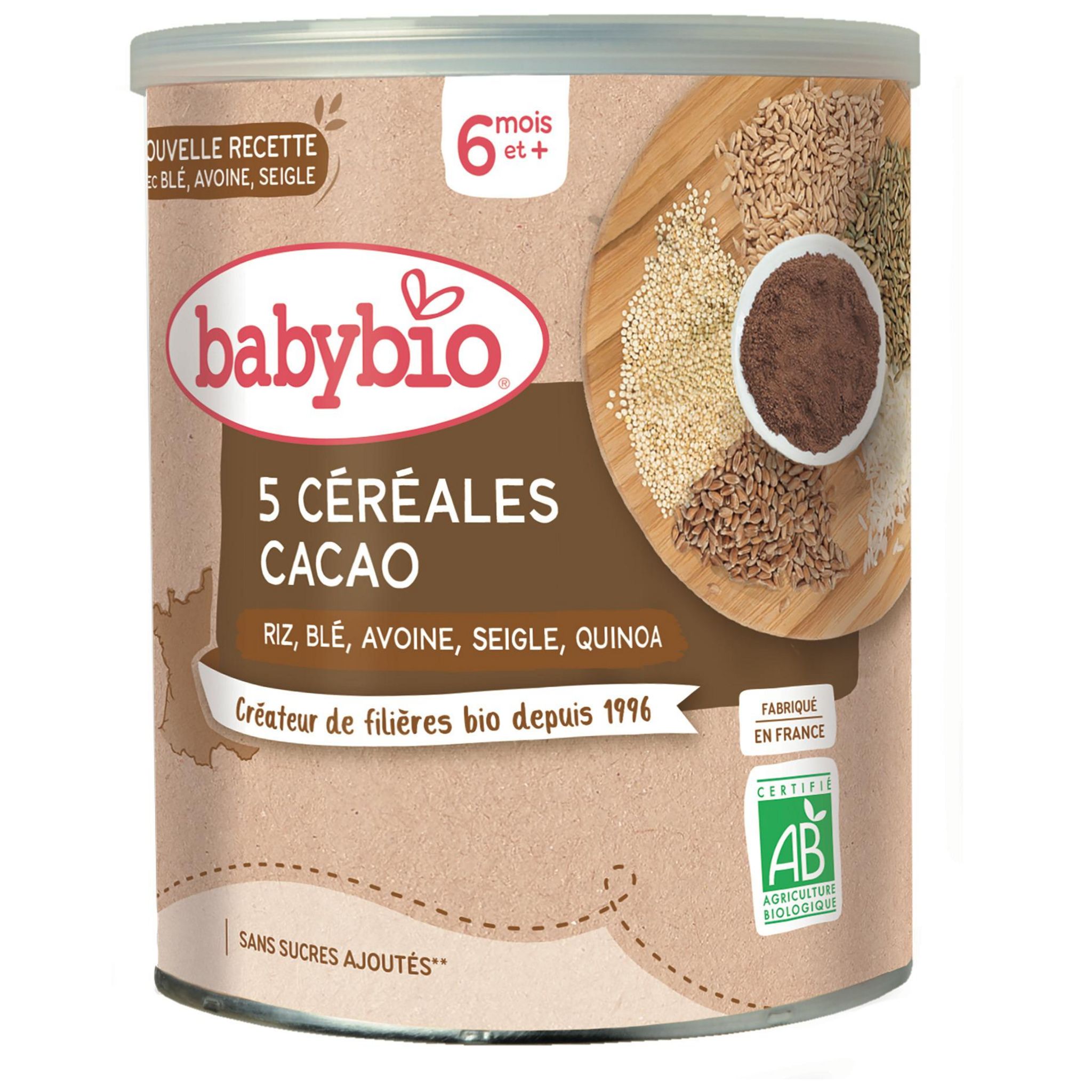 Voir la diapositive 2 : BABYBIO 5 Céréales cacao riz blé avoine seigle quinoa bio en poudre dès 6 mois 220g