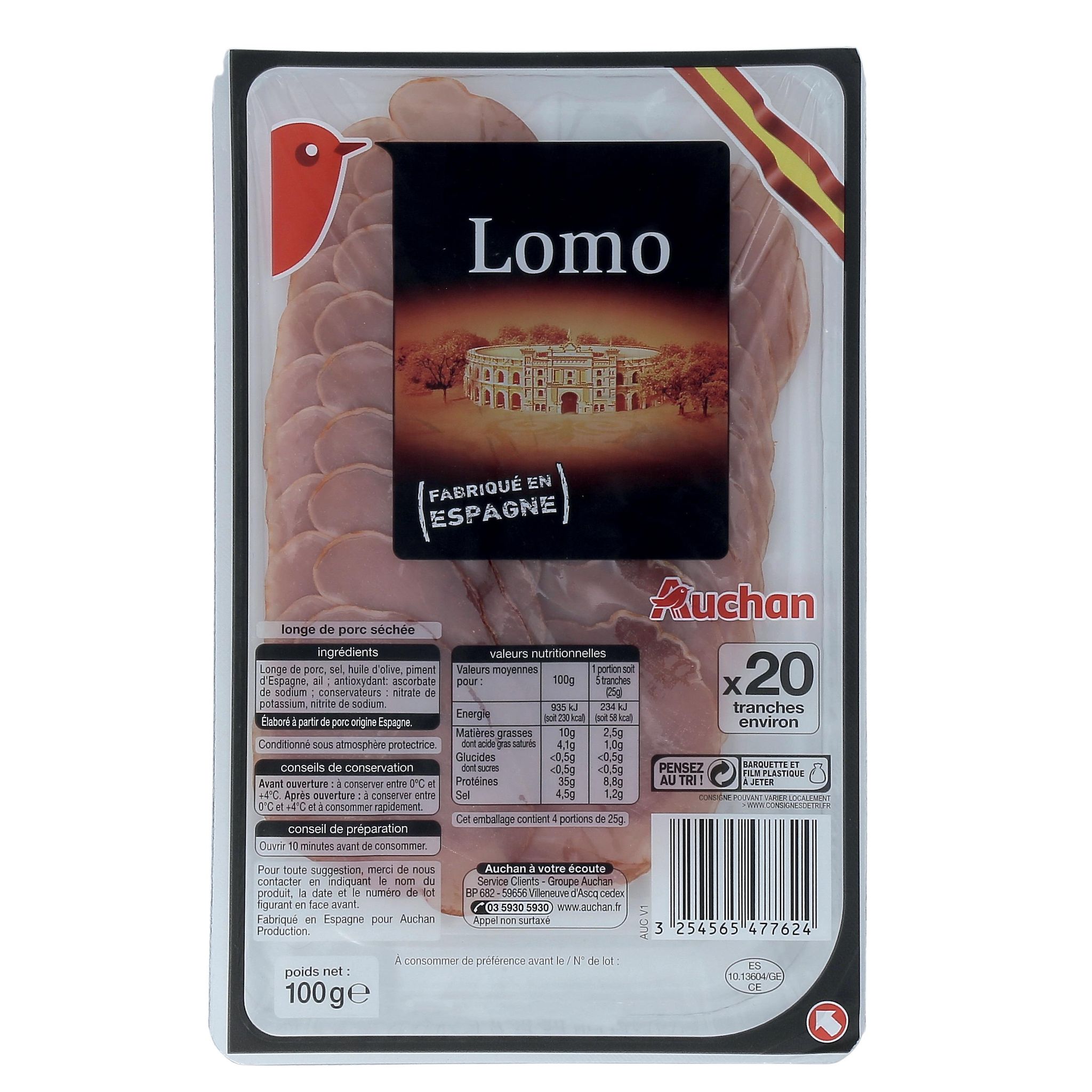 Voir la diapositive 2 : AUCHAN Lomo longe de porc séchée 20 tranches 100g
