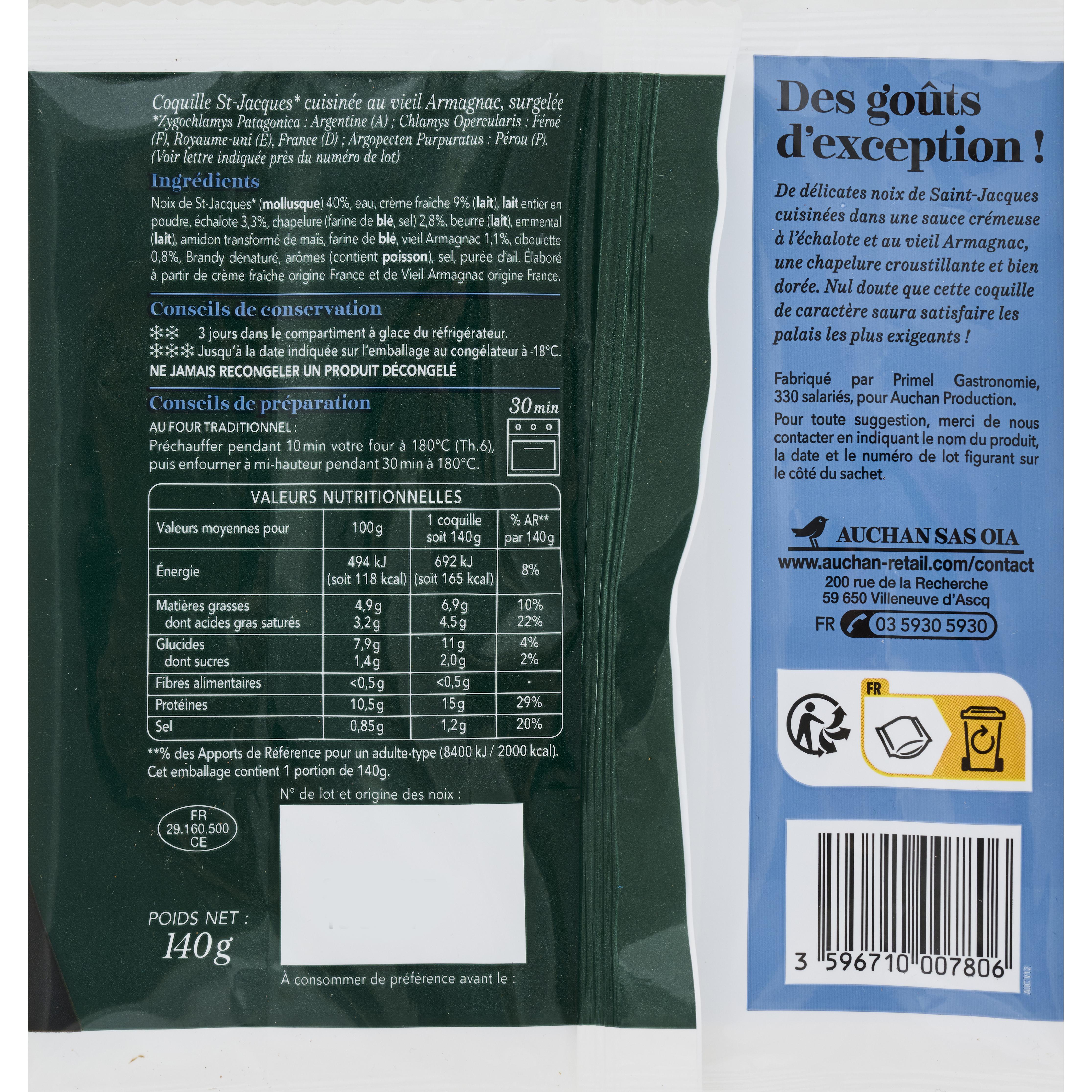 Voir la diapositive 2 : AUCHAN COLLECTION Coquille Saint-Jacques sauce au vieil Armagnac 1 portion 140g