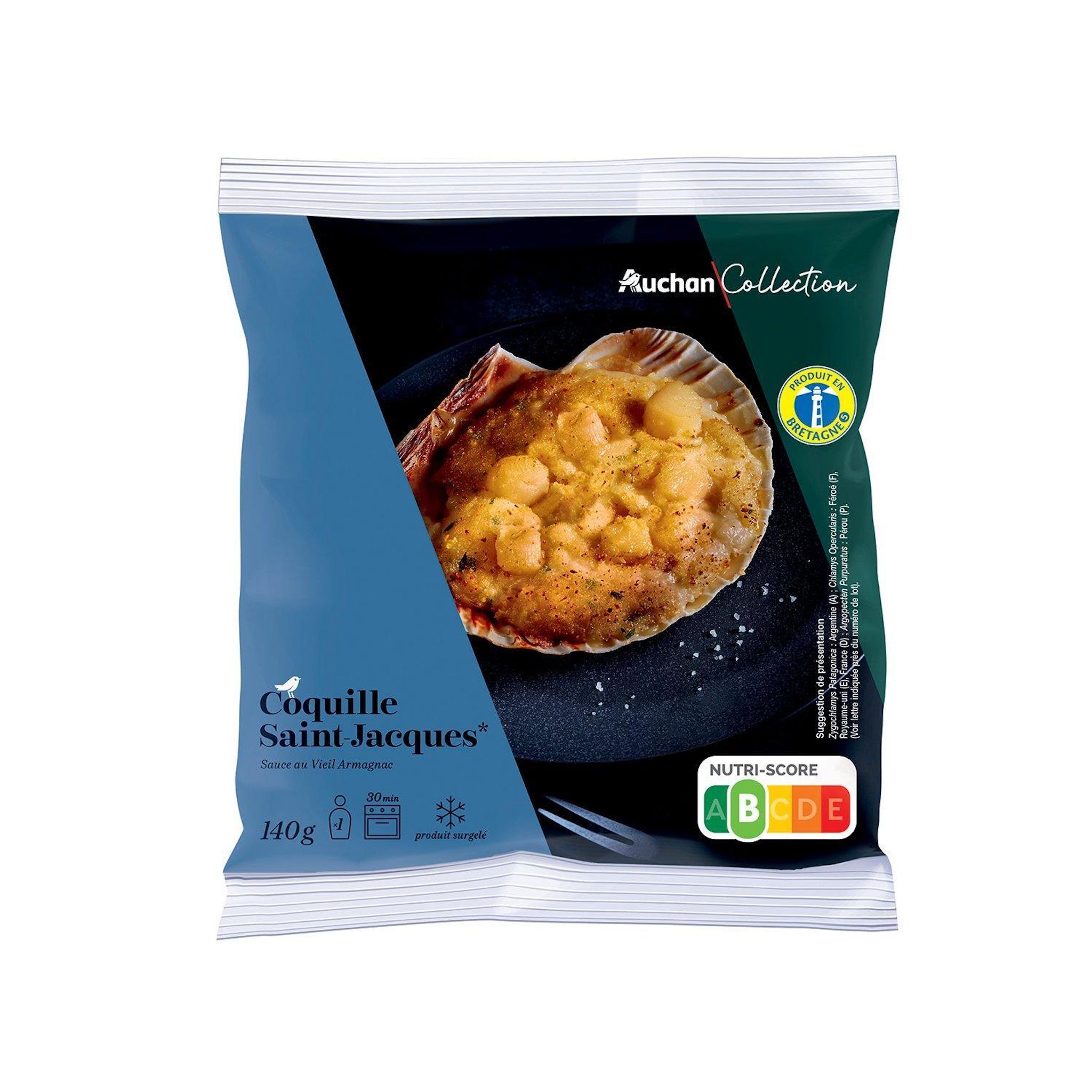 Voir la diapositive 2 : AUCHAN COLLECTION Coquille Saint-Jacques sauce au vieil Armagnac 1 portion 140g