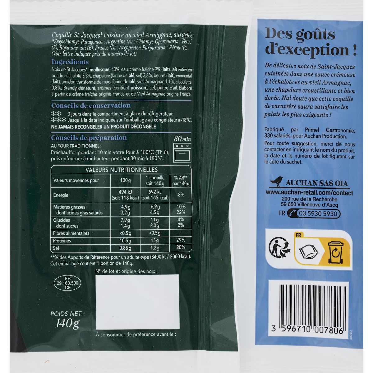 AUCHAN COLLECTION Coquille Saint-Jacques sauce au vieil Armagnac 1 portion 140g