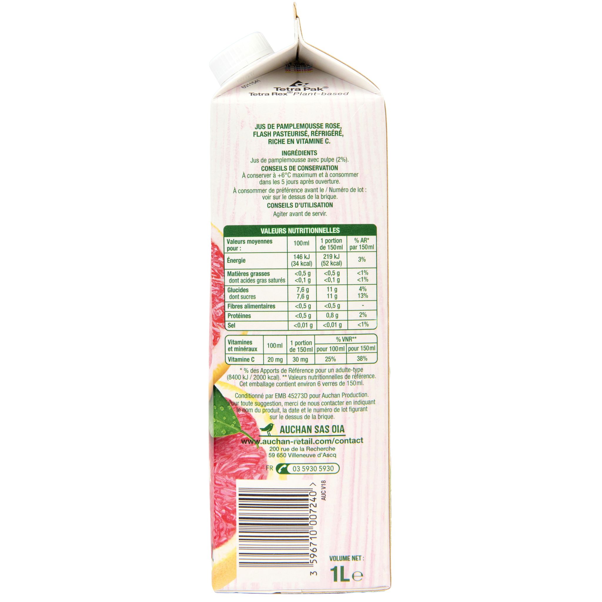 Voir la diapositive 4 : AUCHAN Pur jus de pamplemousses 1L