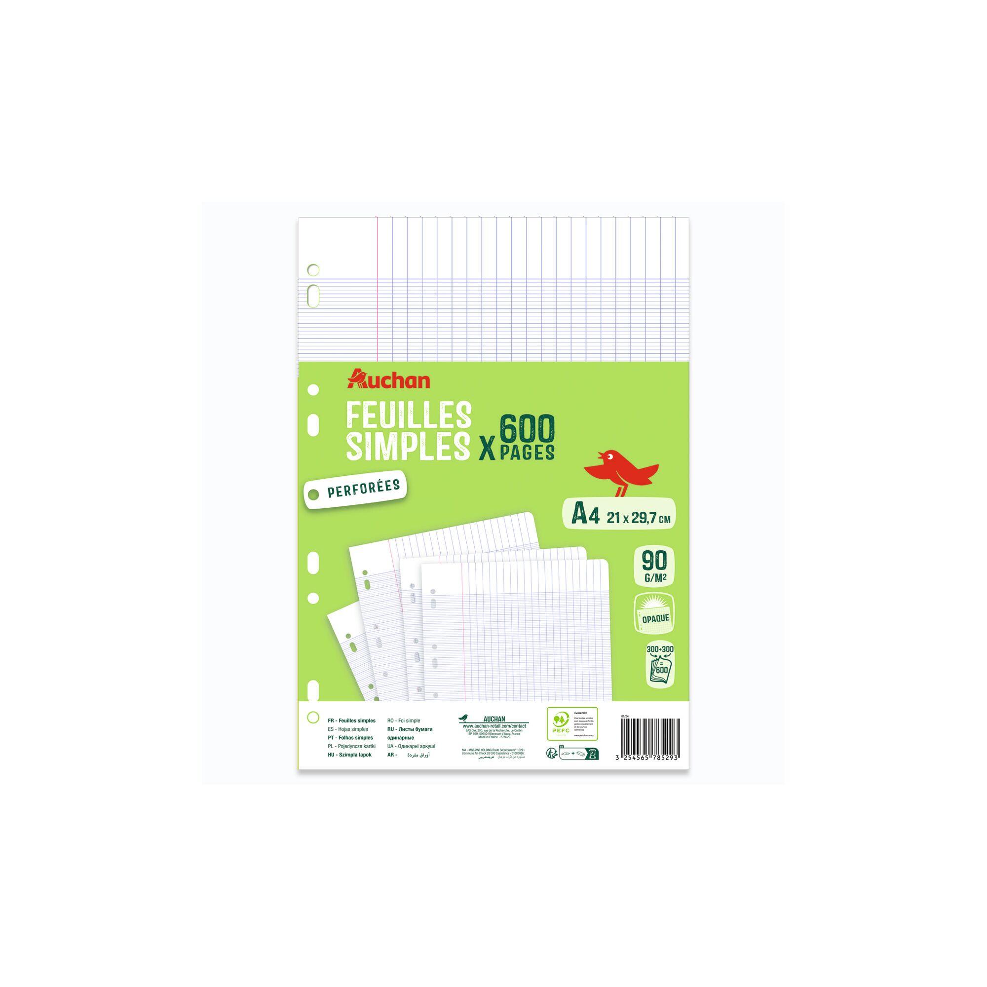 AUCHAN Feuilles simples grands carreaux - 600 pages perforées - format A4