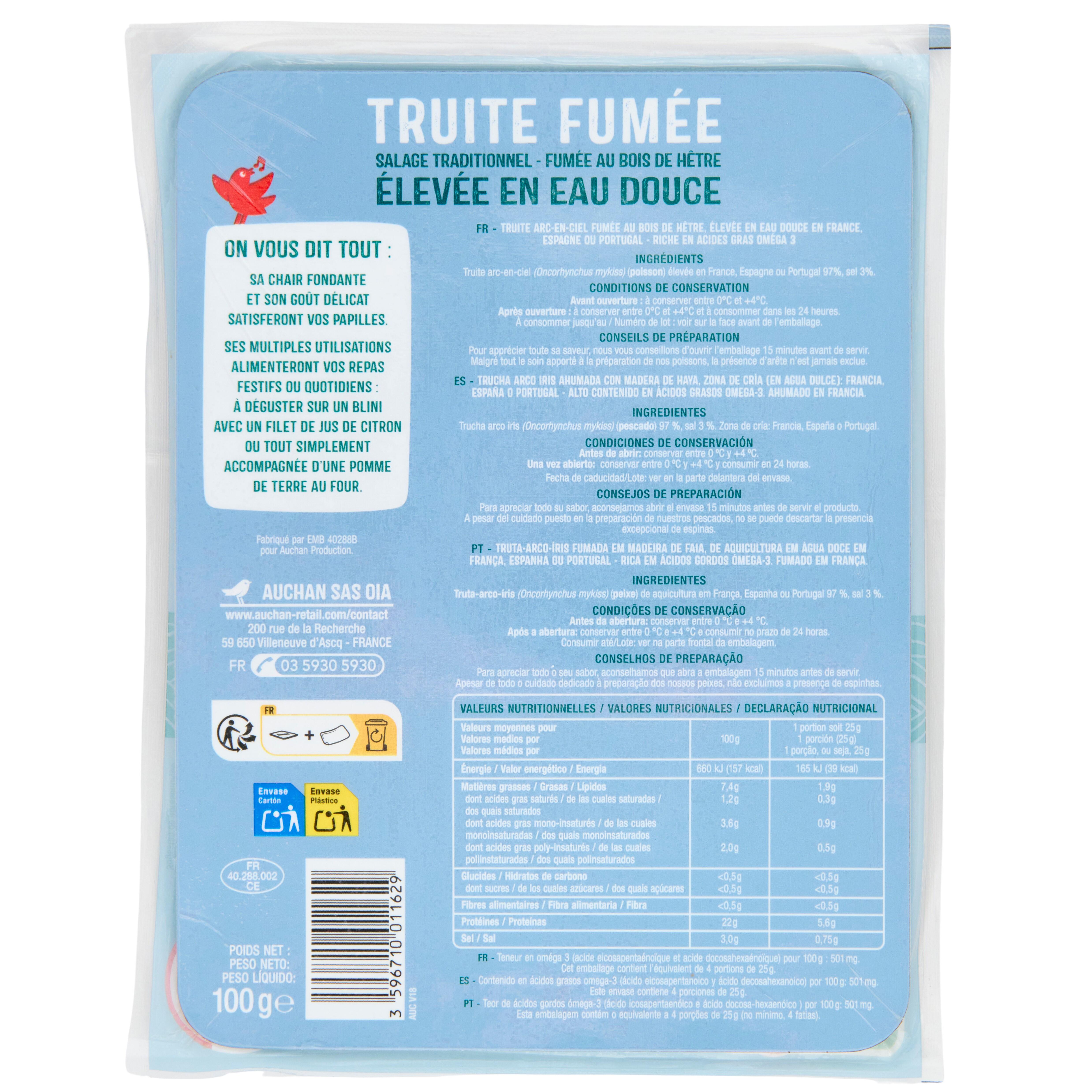 Voir la diapositive 2 : AUCHAN Truite fumée 4 tranches 100g