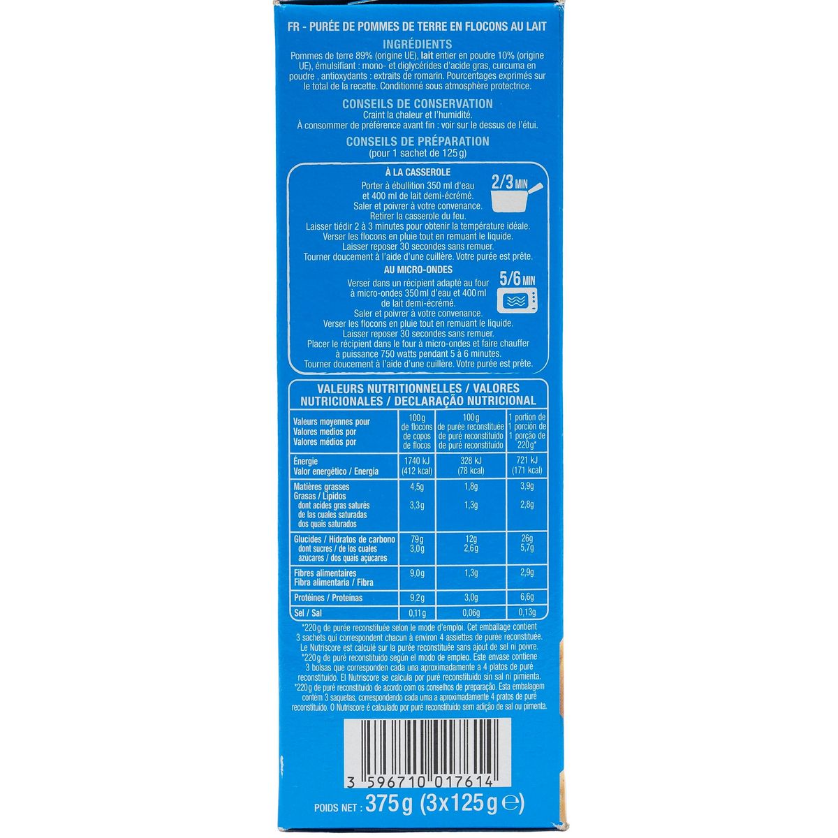 AUCHAN Purée au lait 3 sachets 375g