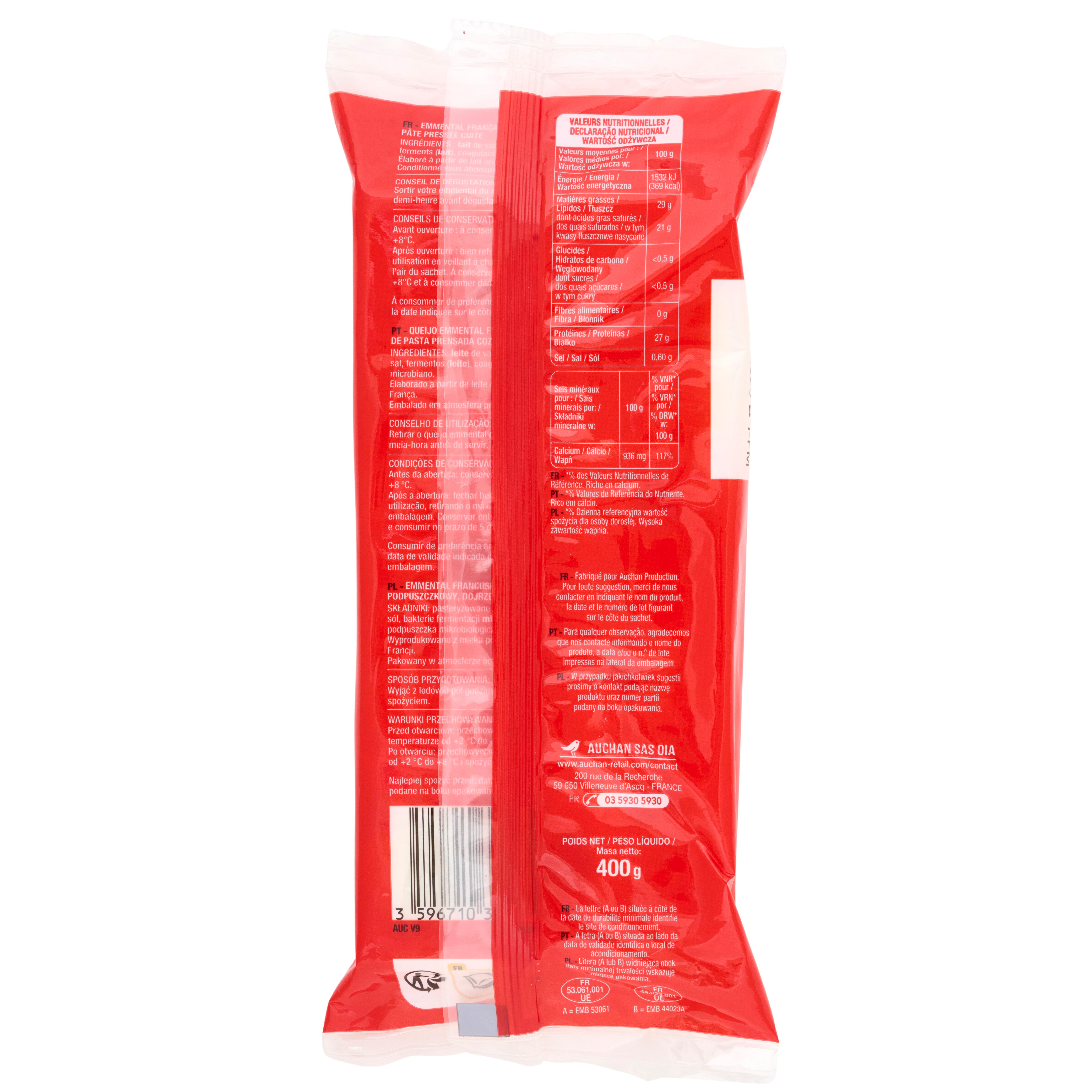 Voir la diapositive 2 : AUCHAN Emmental français en bloc 400g