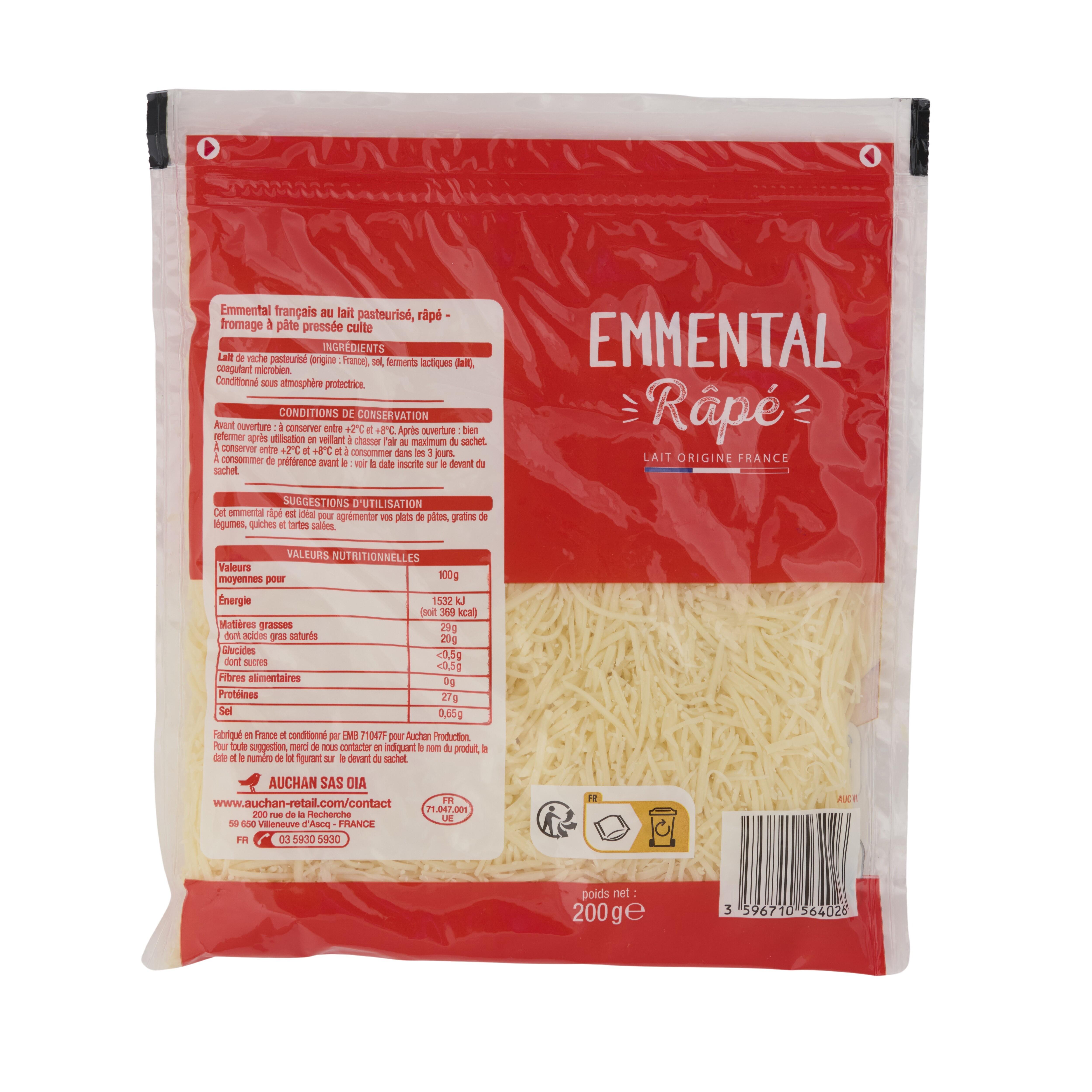 Voir la diapositive 2 : AUCHAN Emmental râpé français 200g