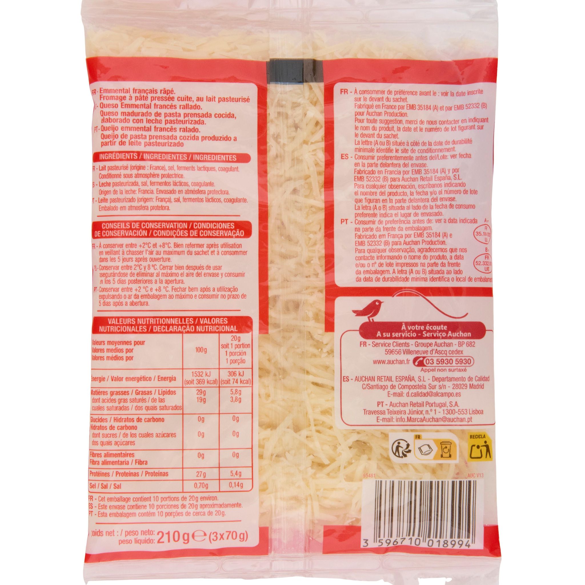 Voir la diapositive 2 : AUCHAN Emmental râpé français 3x70g