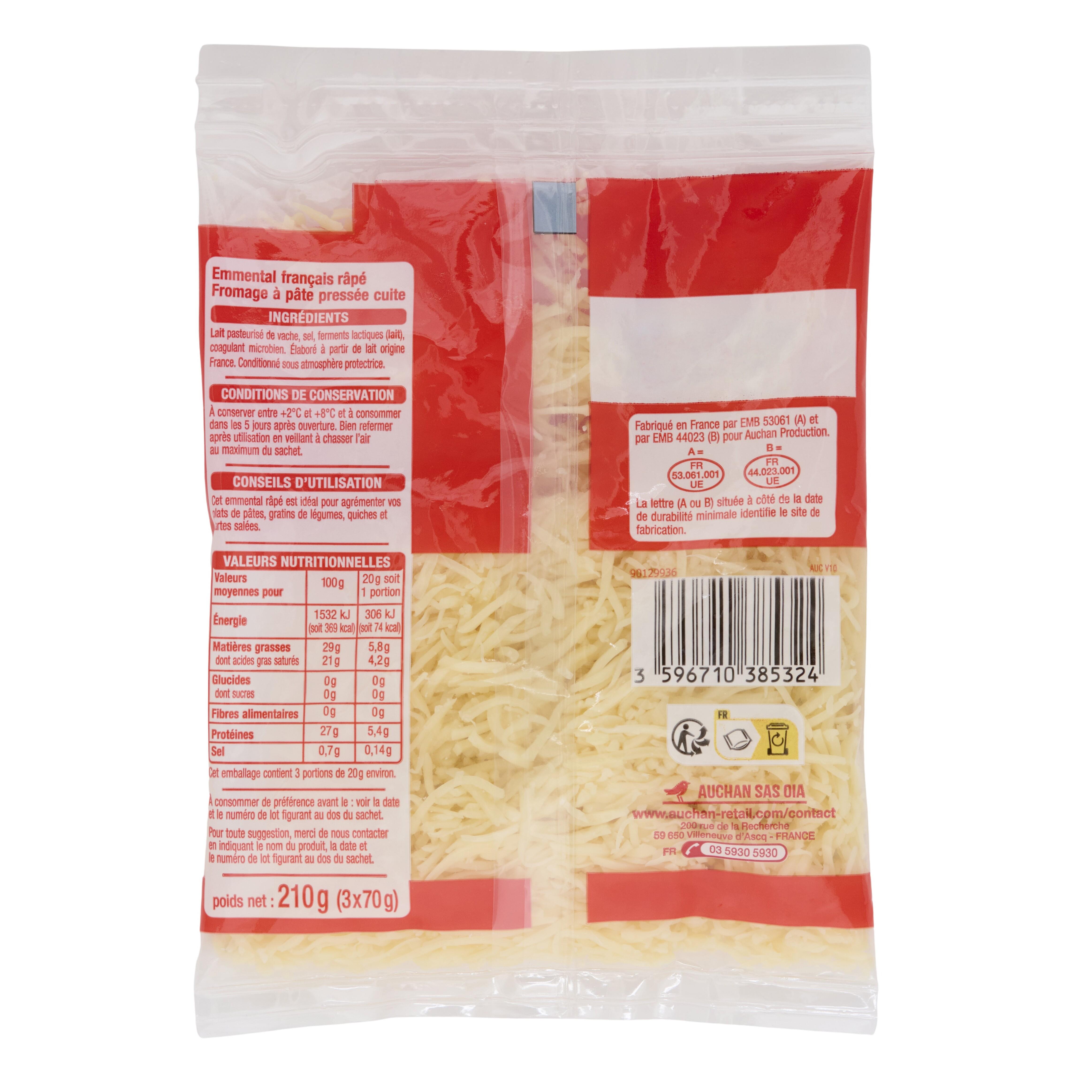Voir la diapositive 4 : AUCHAN Emmental râpé français 3x70g